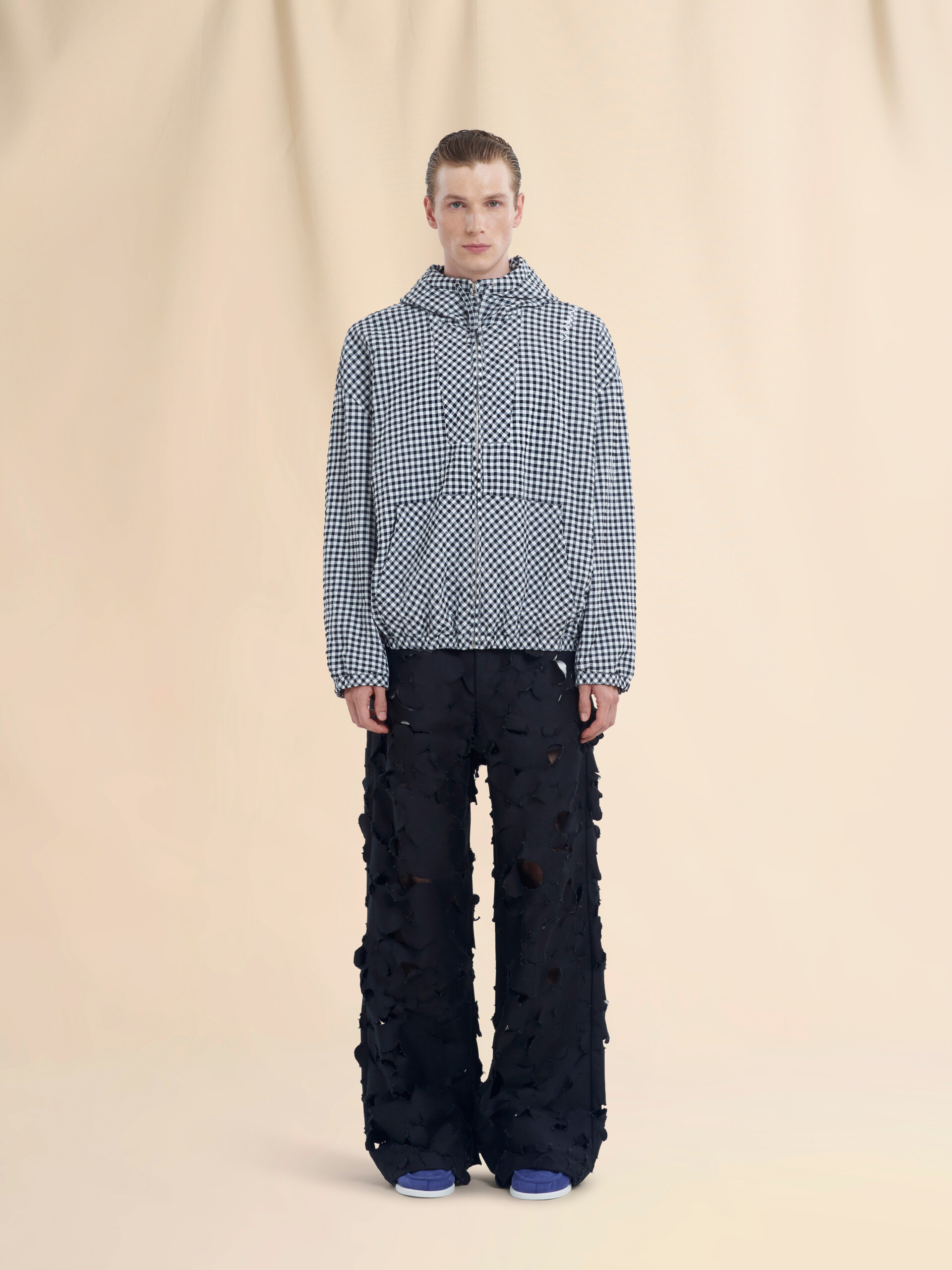 ブラック ホワイト チェック柄シアサッカーフード付きジャケット - ジャケット - Image 2