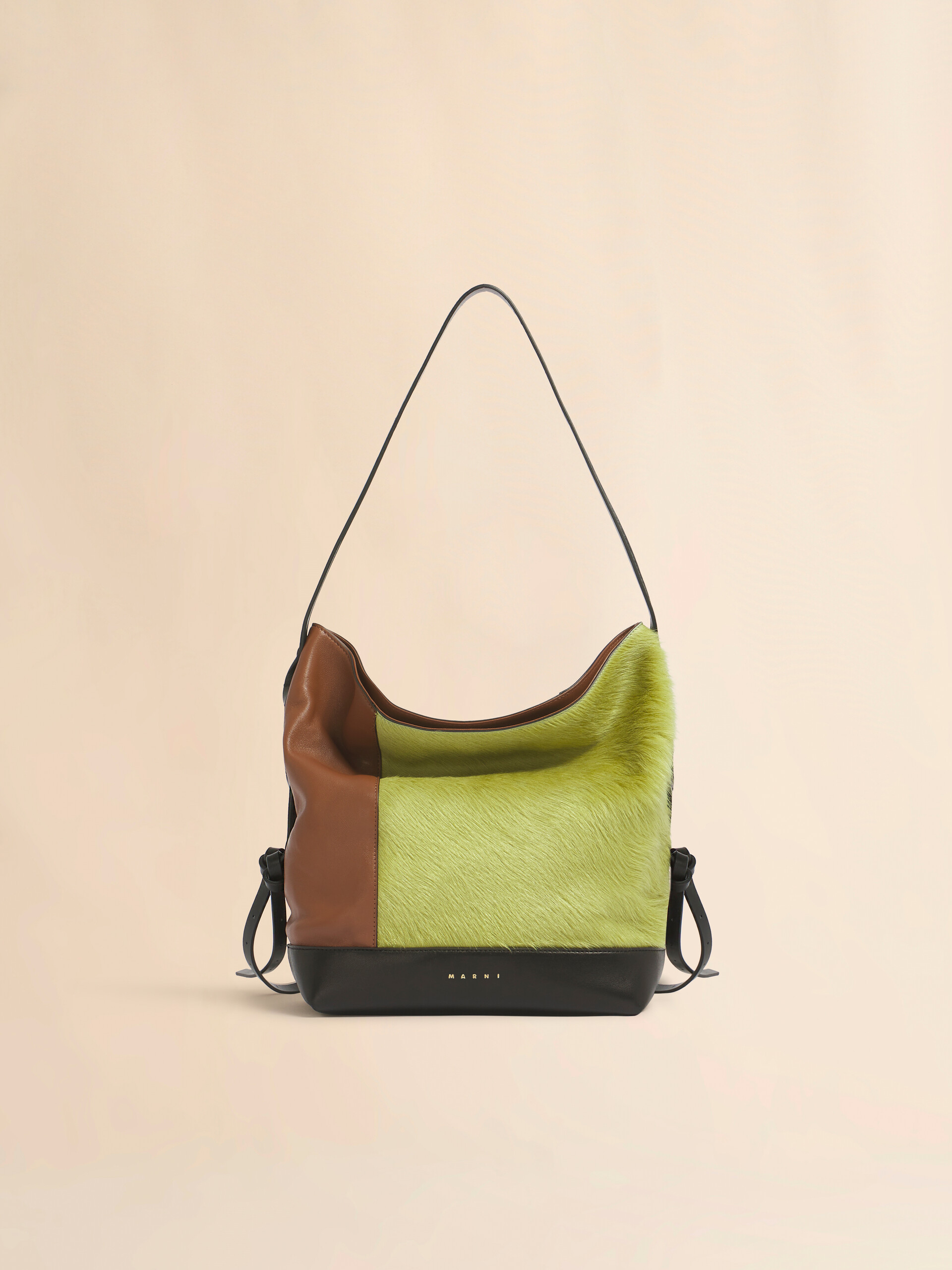 Green brown and black lambskin and long-hair Pod 2.0 small hobo bag - Shoulder Bags - Image 1
