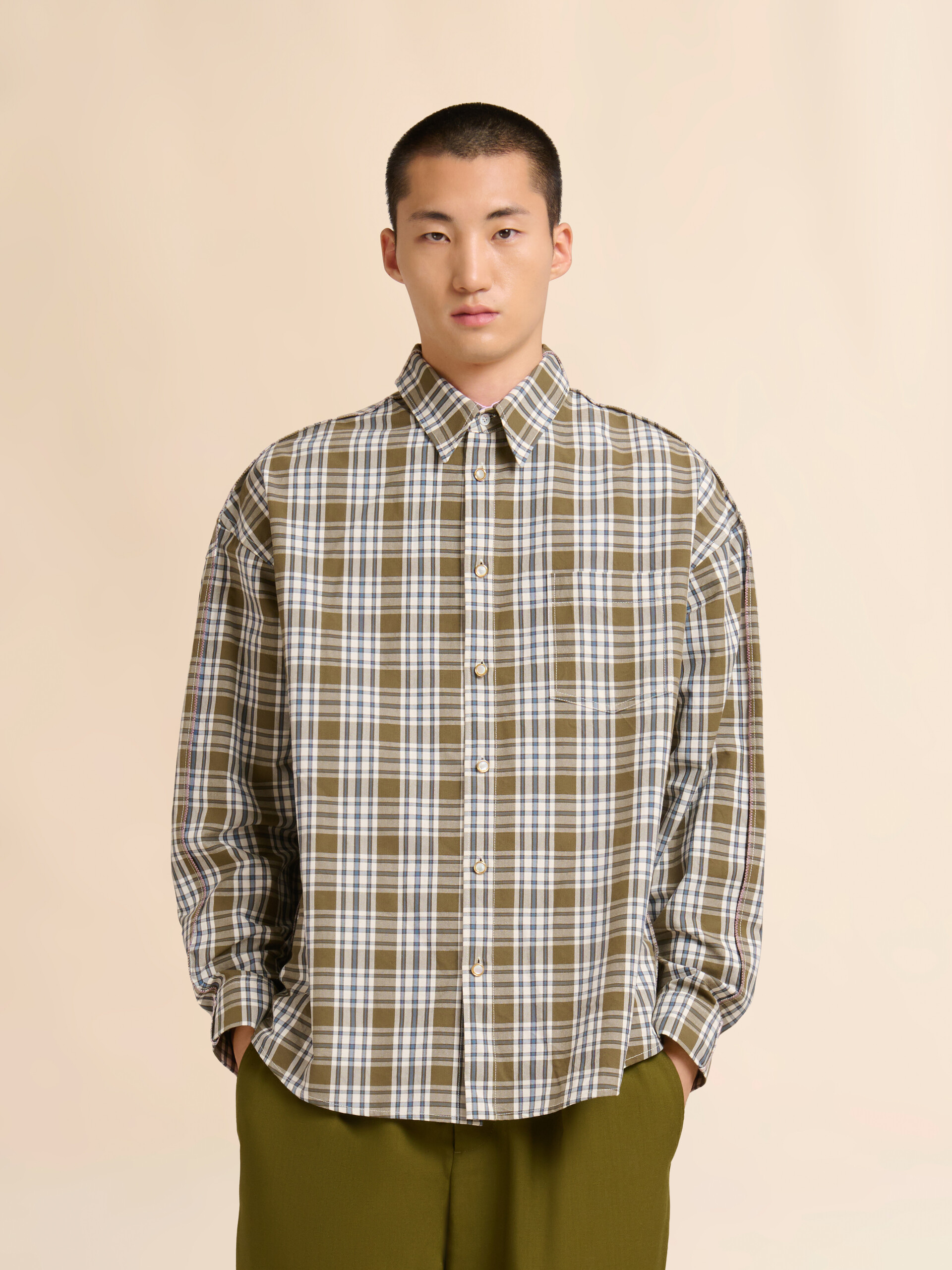 Green compact cotton shirt with checked pattern - Shirts - Image 2