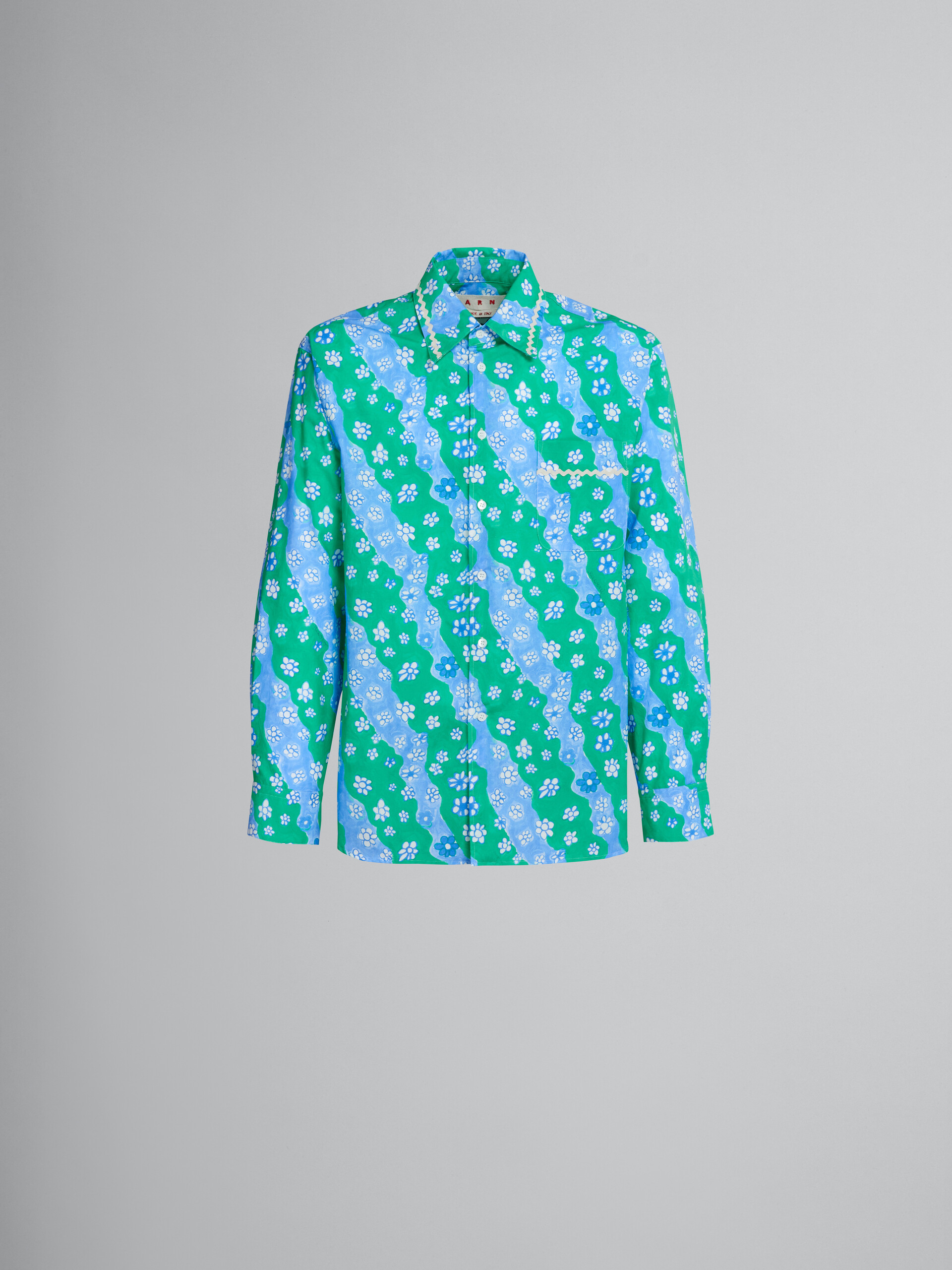 Poplin shirt with green Stripy Flower print - Shirts - Image 1