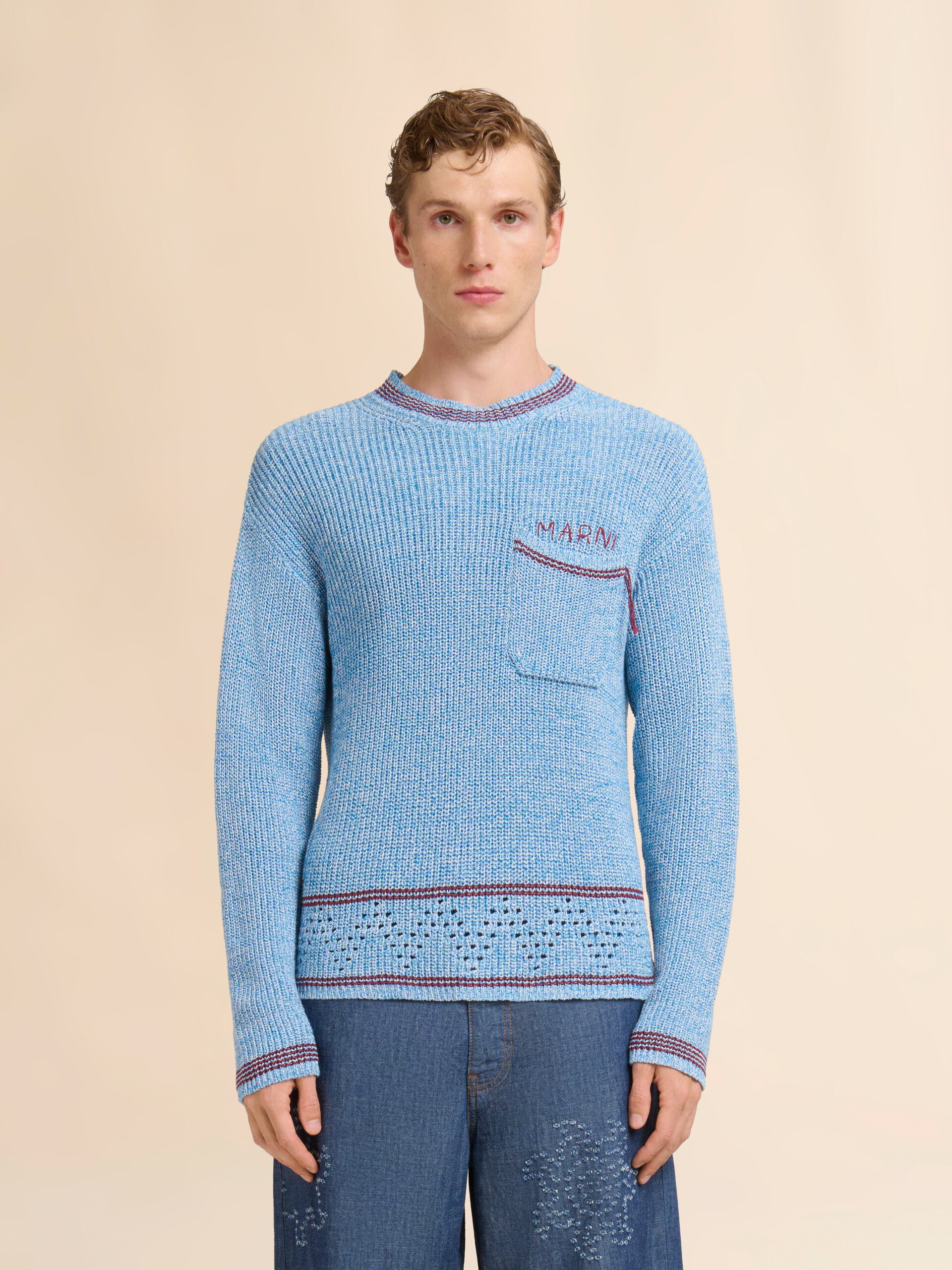Blue mouliné cotton jumper with Marni Mending - Pullovers - Image 2