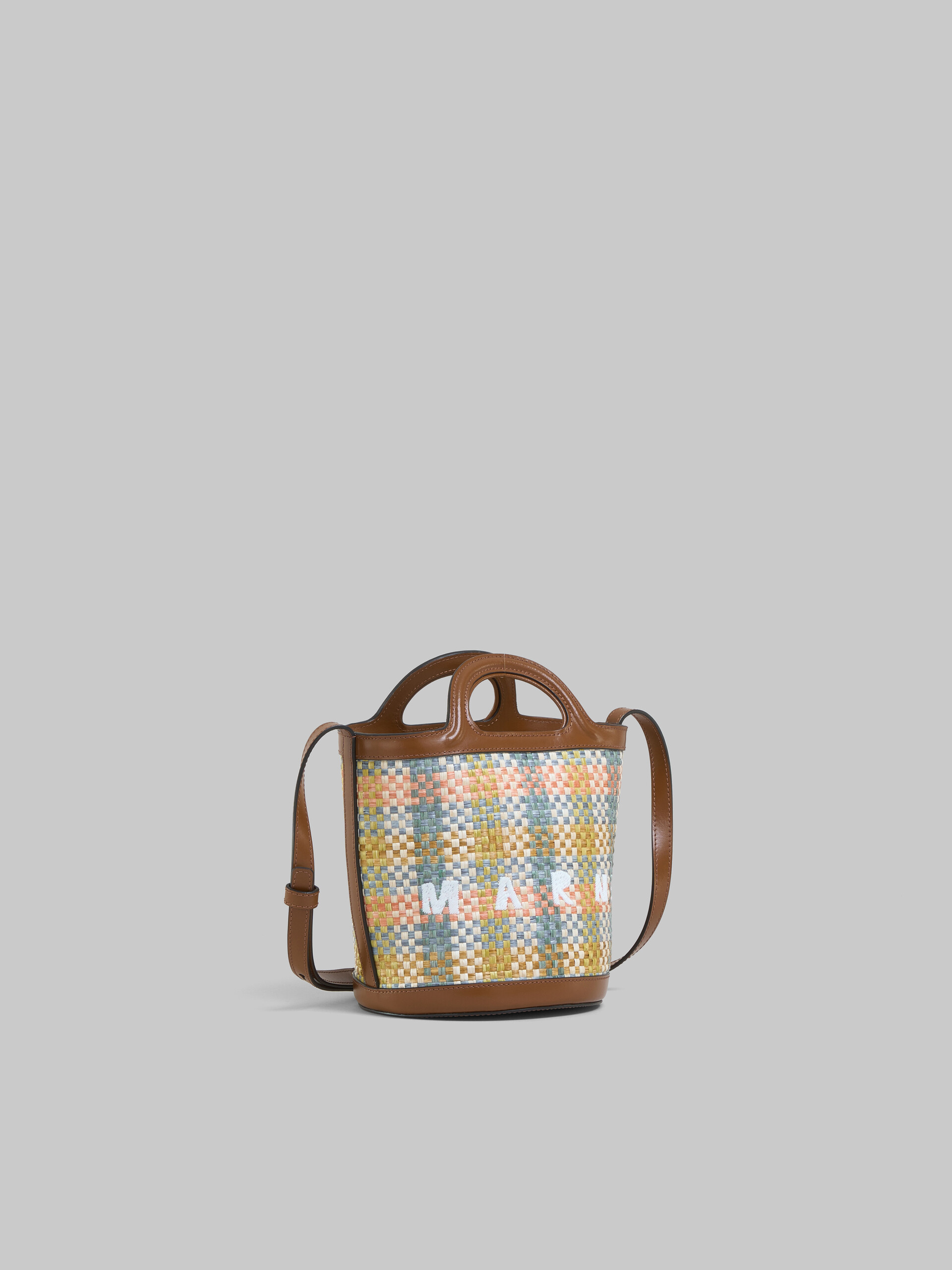 Tropicalia small bucket bag in brown leather and checked raffia-effect fabric - Shoulder Bags - Image 6