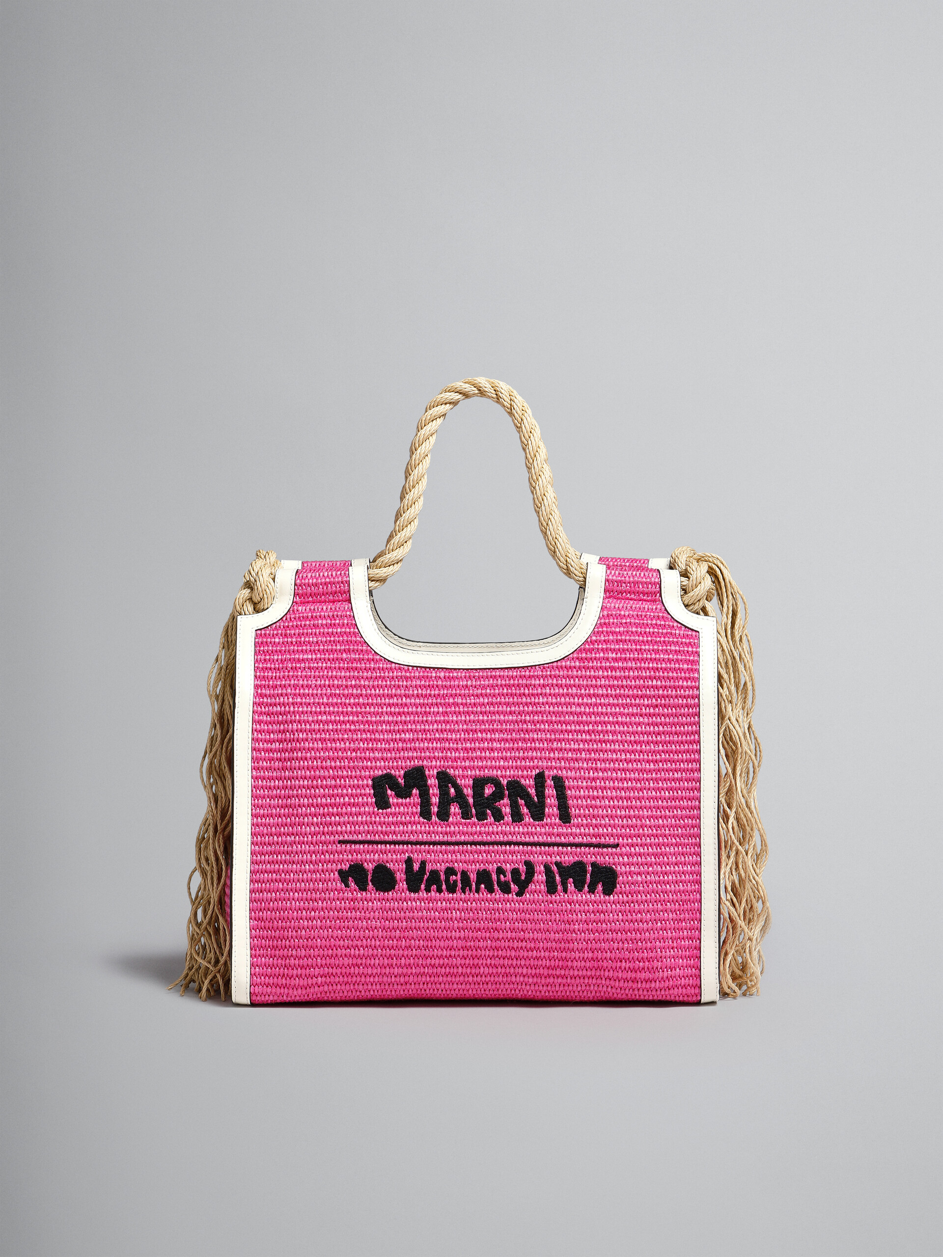 Marni x No Vacancy Inn - Marcel Tote Bag in pink raffia with white trims - Handbag - Image 1