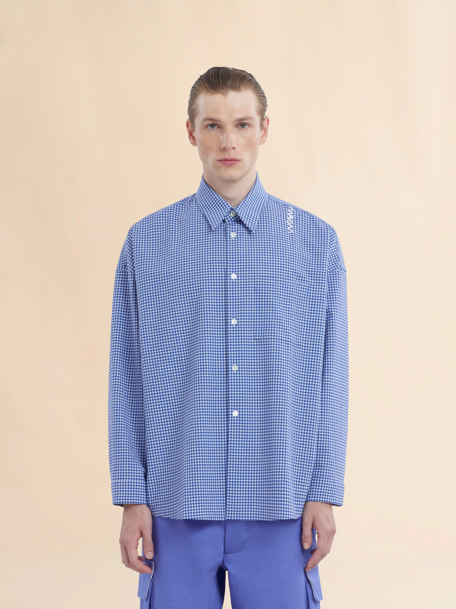 Blue and white checked wool shirt - Shirts - Image 2