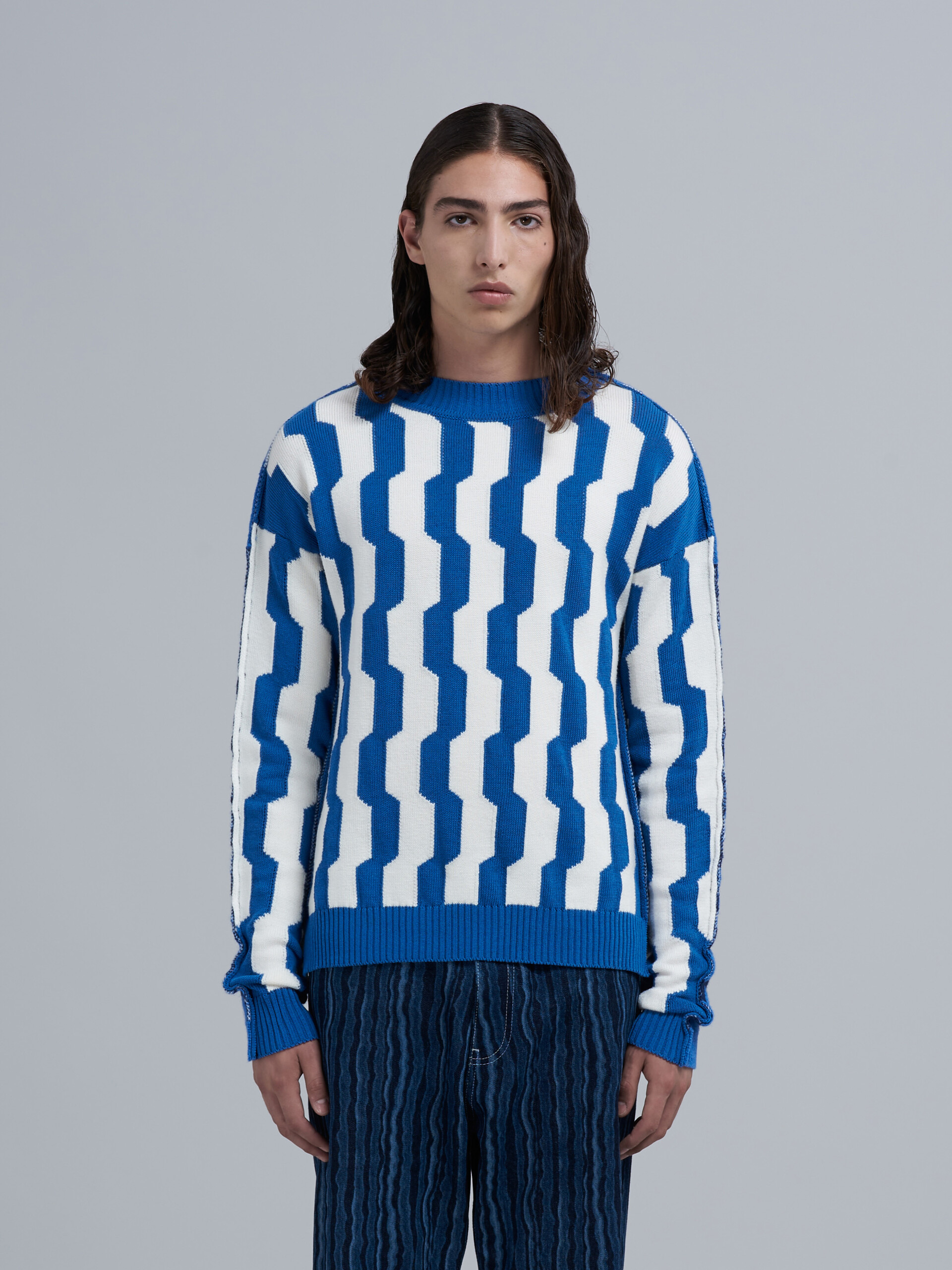 Blue and white crepe and Shetland wool sweater - Pullovers - Image 2