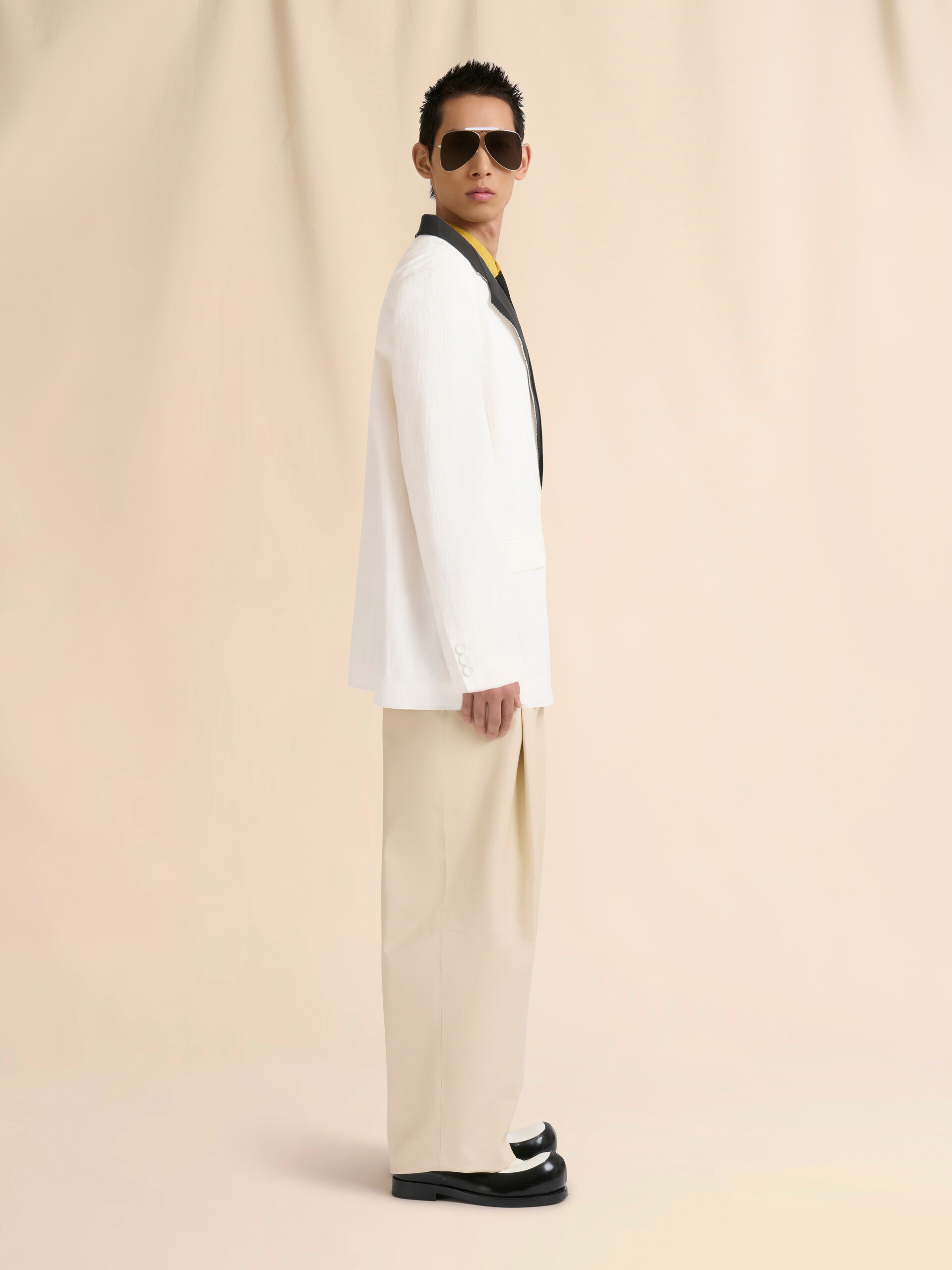 Yellow viscose slim shirt with geometric jacquard motif - Shirts - Image 5
