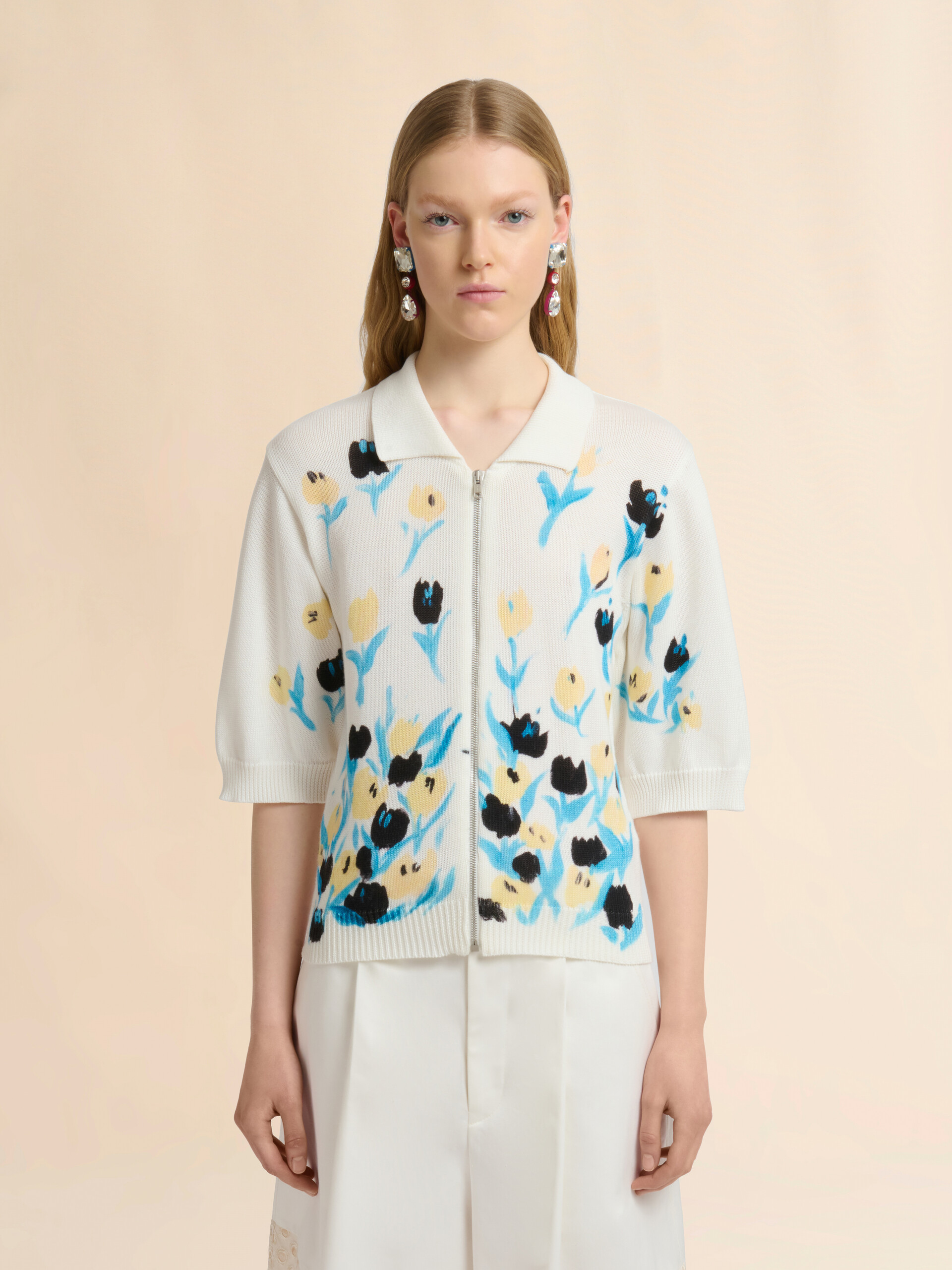 Cream cotton zip cardigan with floral print - Pullovers - Image 2