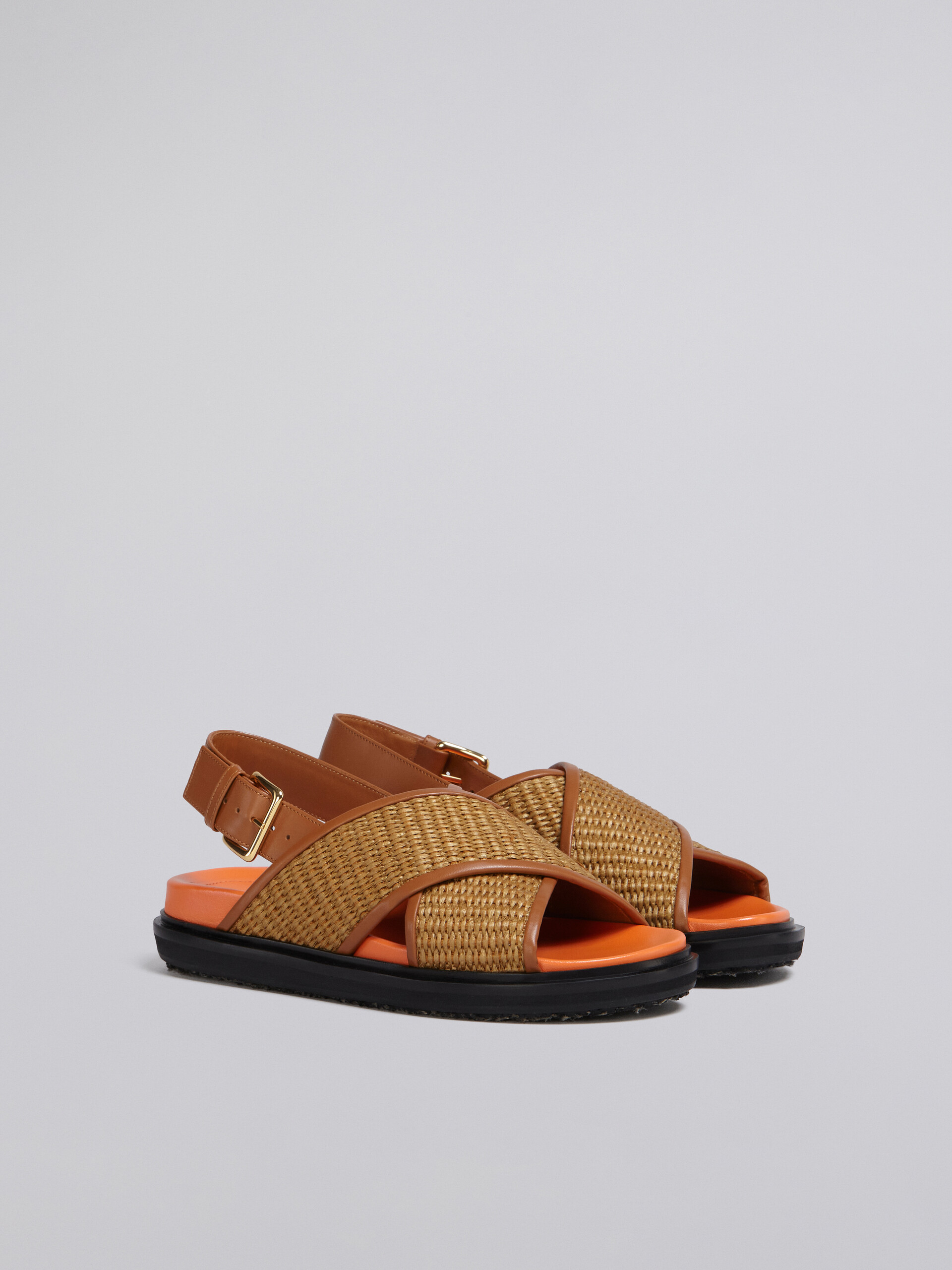 Fussbet sandals in brown leather and raffia-effect fabric - Sandals - Image 2