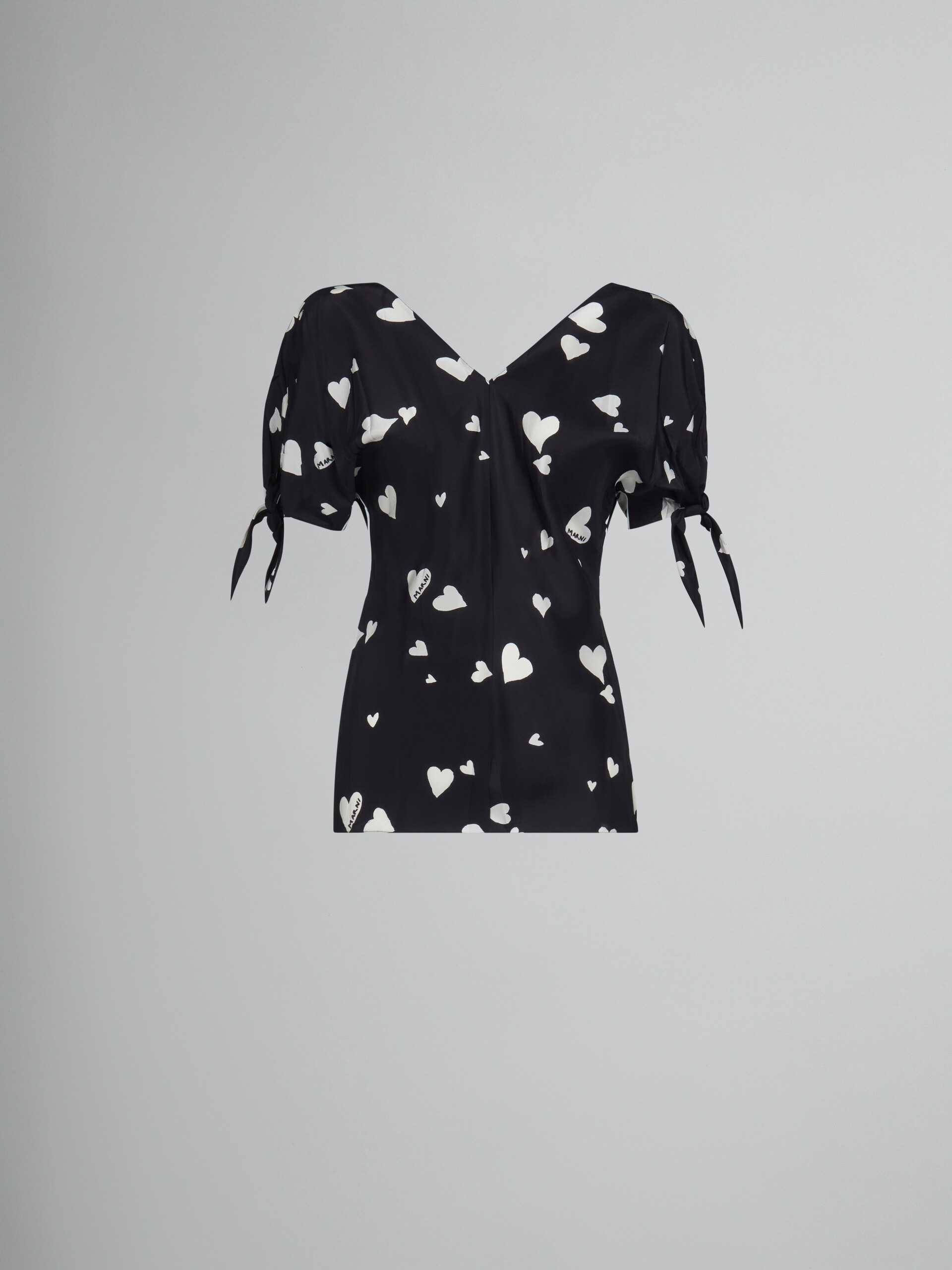 Black silk bow-sleeve top with Bunch of Hearts print - Shirts - Image 1