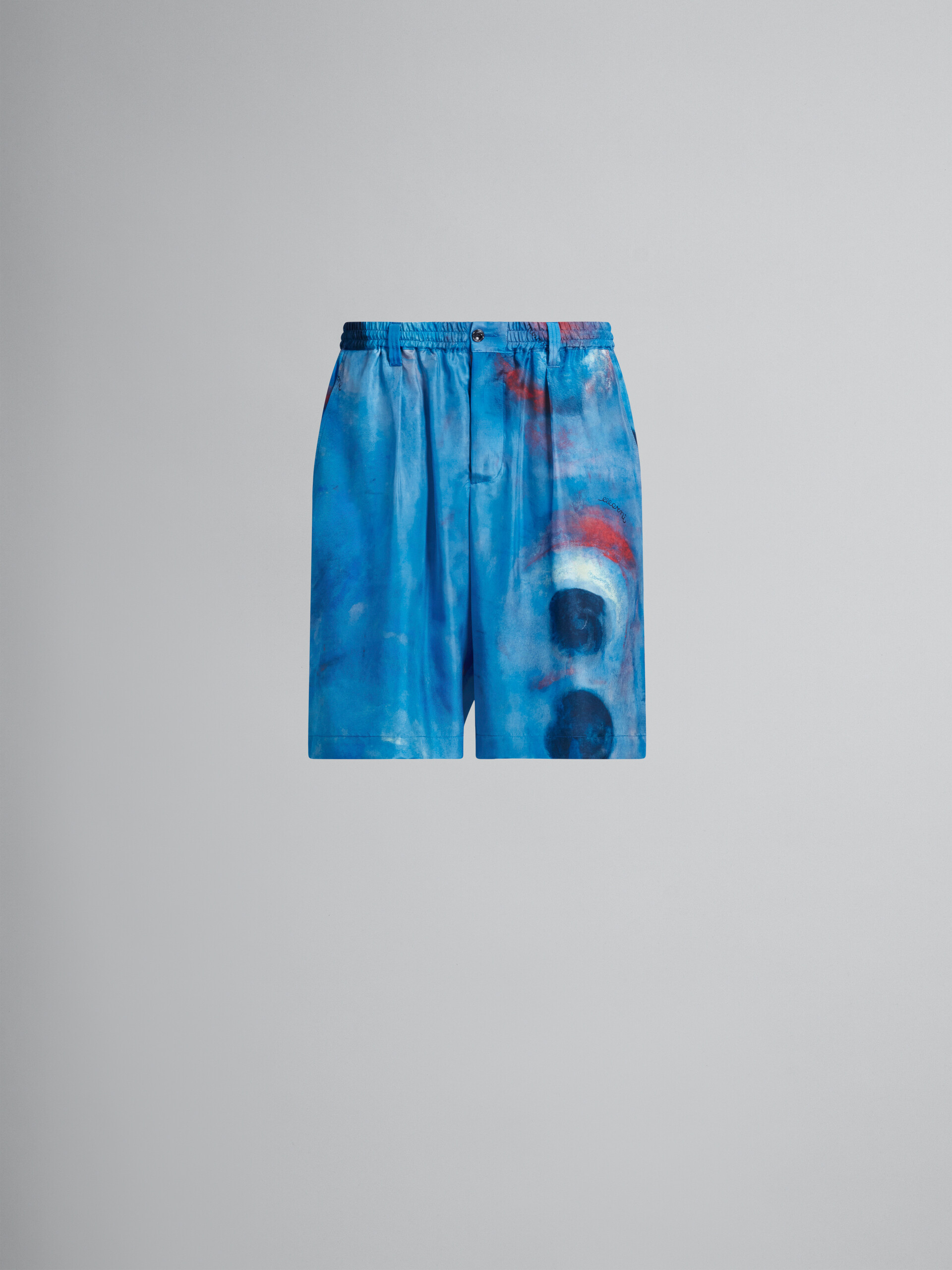 Silk habotai stretch waist shorts with Buchi Blu print - Pants - Image 1
