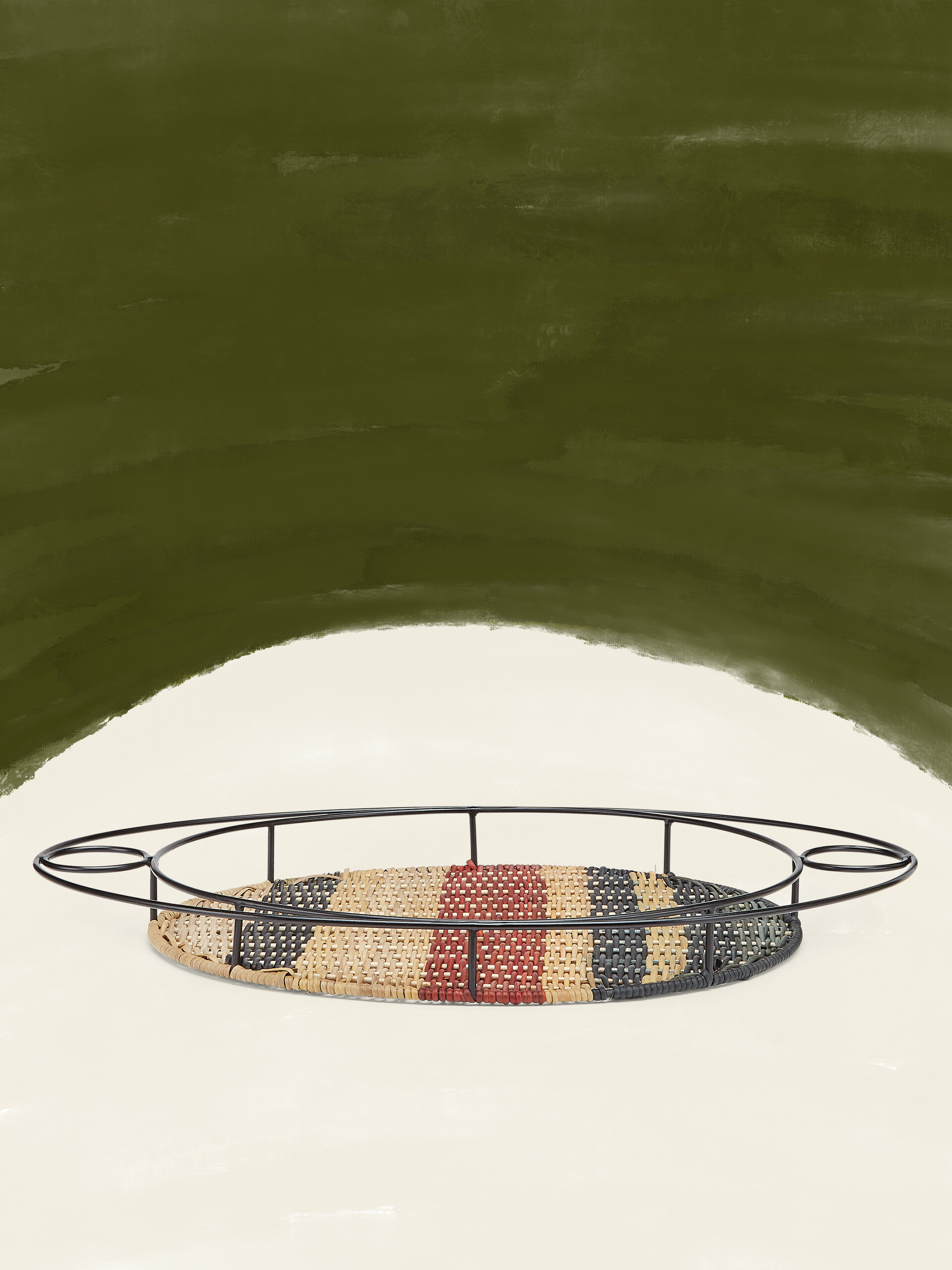 MARNI MARKET oval tray in iron and black, beige and burgundy wicker - Accessories - Image 1