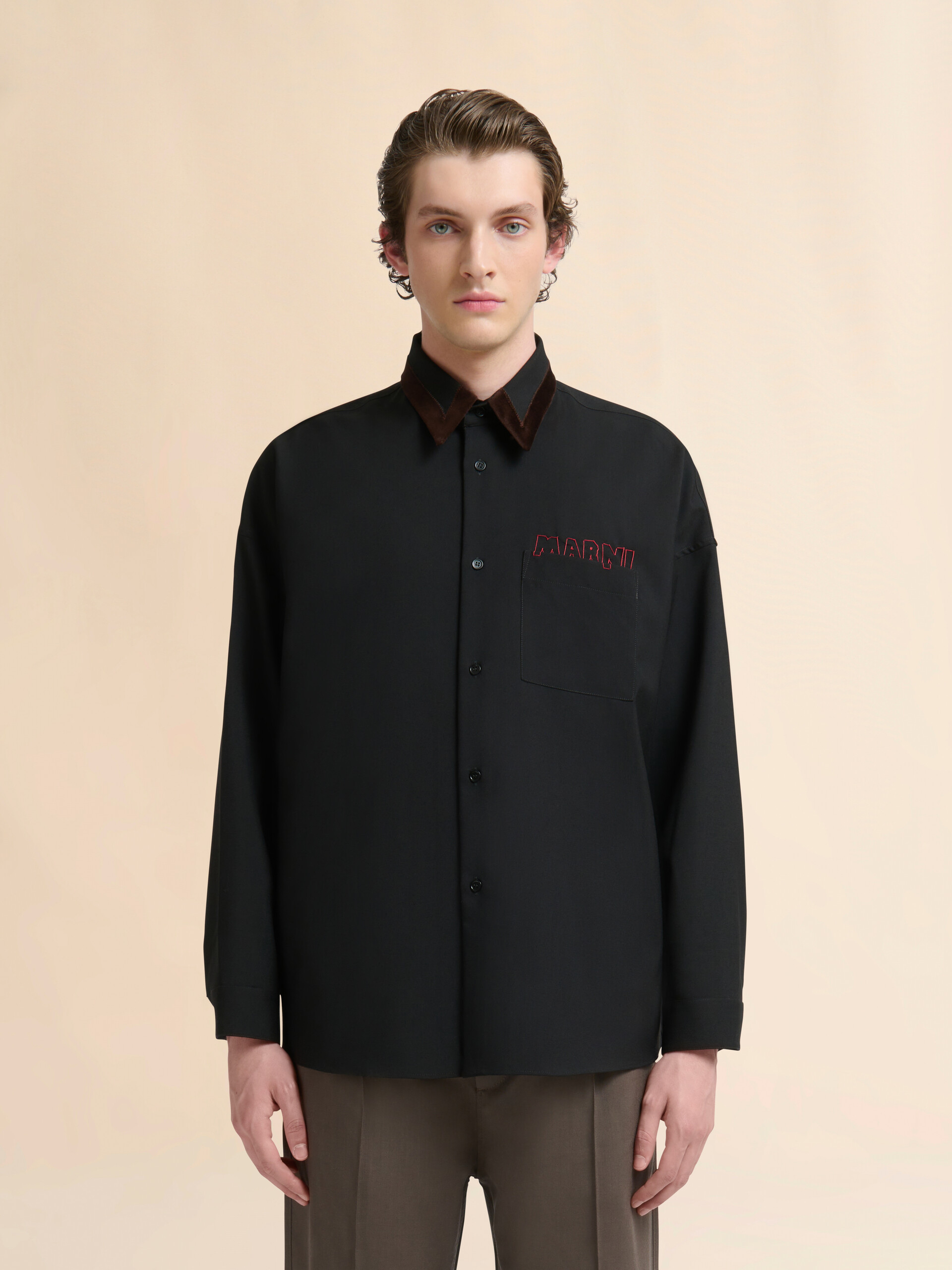 ブラック ウールシャツ マルニメンディングロゴ入り - シャツ - Image 2