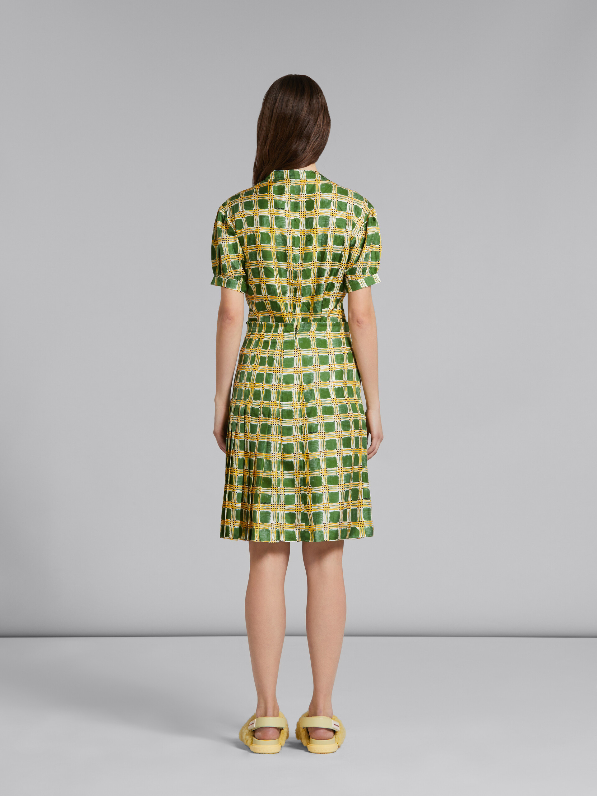 Green silk twill skirt with  Check Fields print - Skirts - Image 3