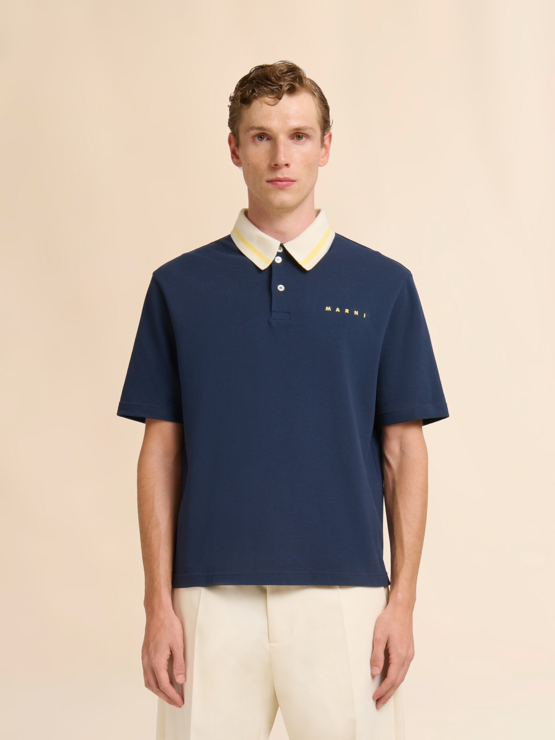 Deep blue piqué polo shirt with striped collar - Shirts - Image 2
