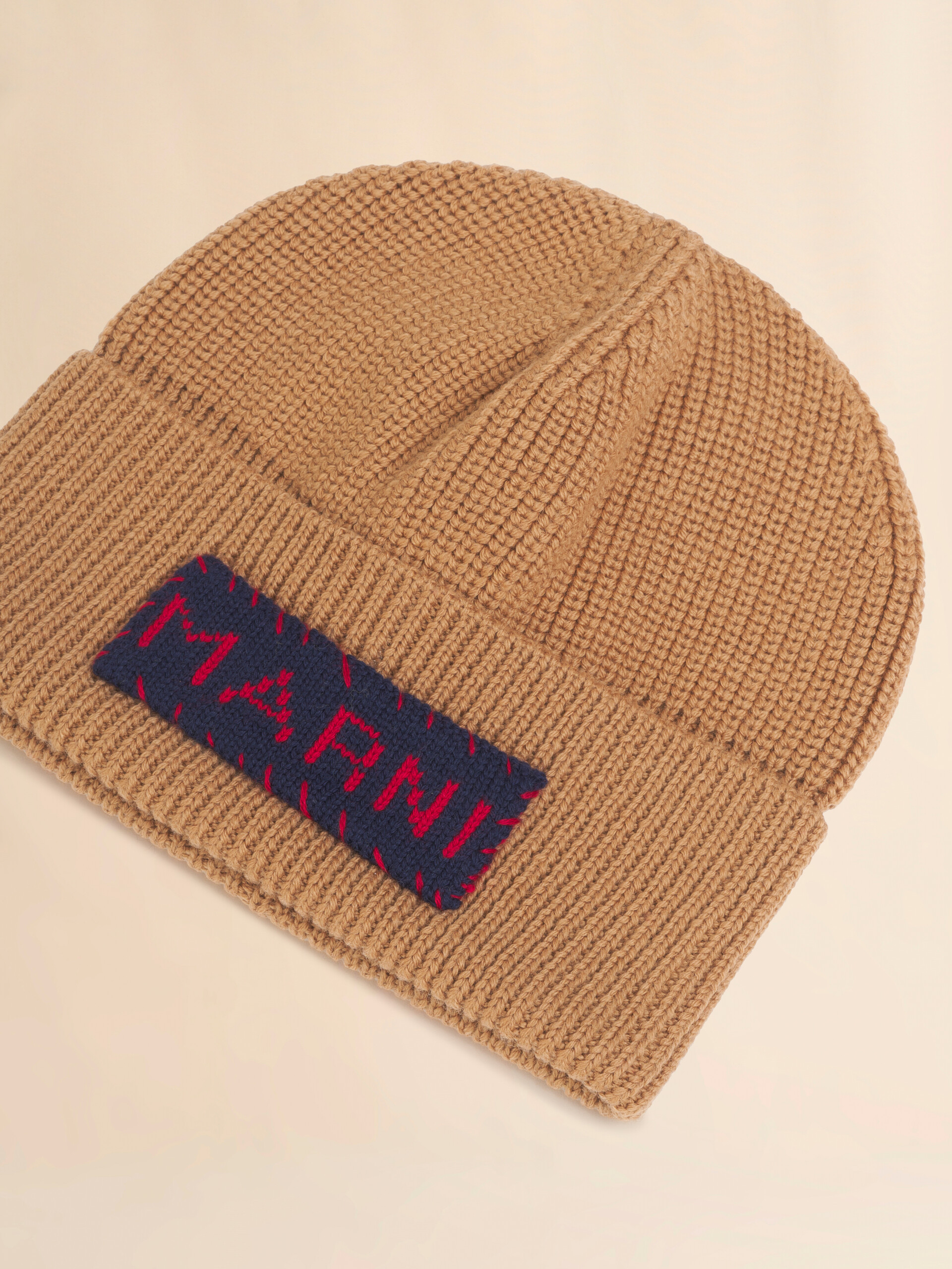Tan wool fisherman's rib beanie with Marni patch - Hats - Image 4