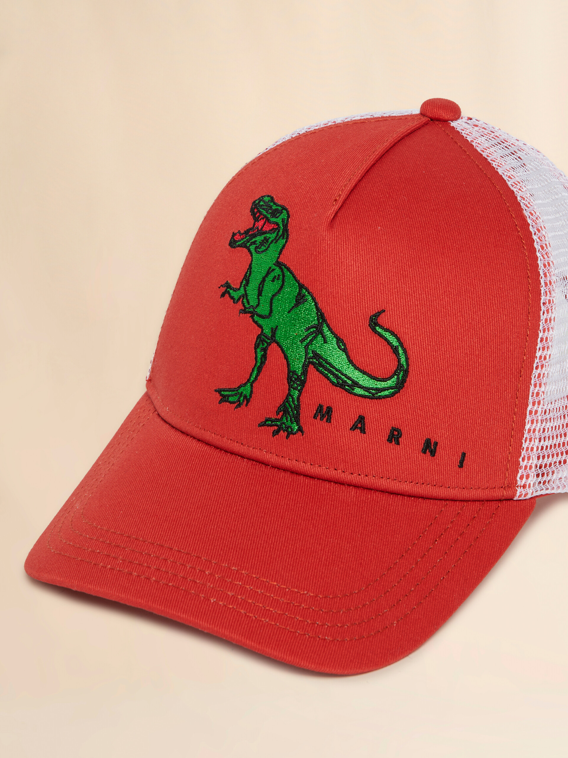 Red cotton baseball cap with embroidered T-rex - Caps - Image 3