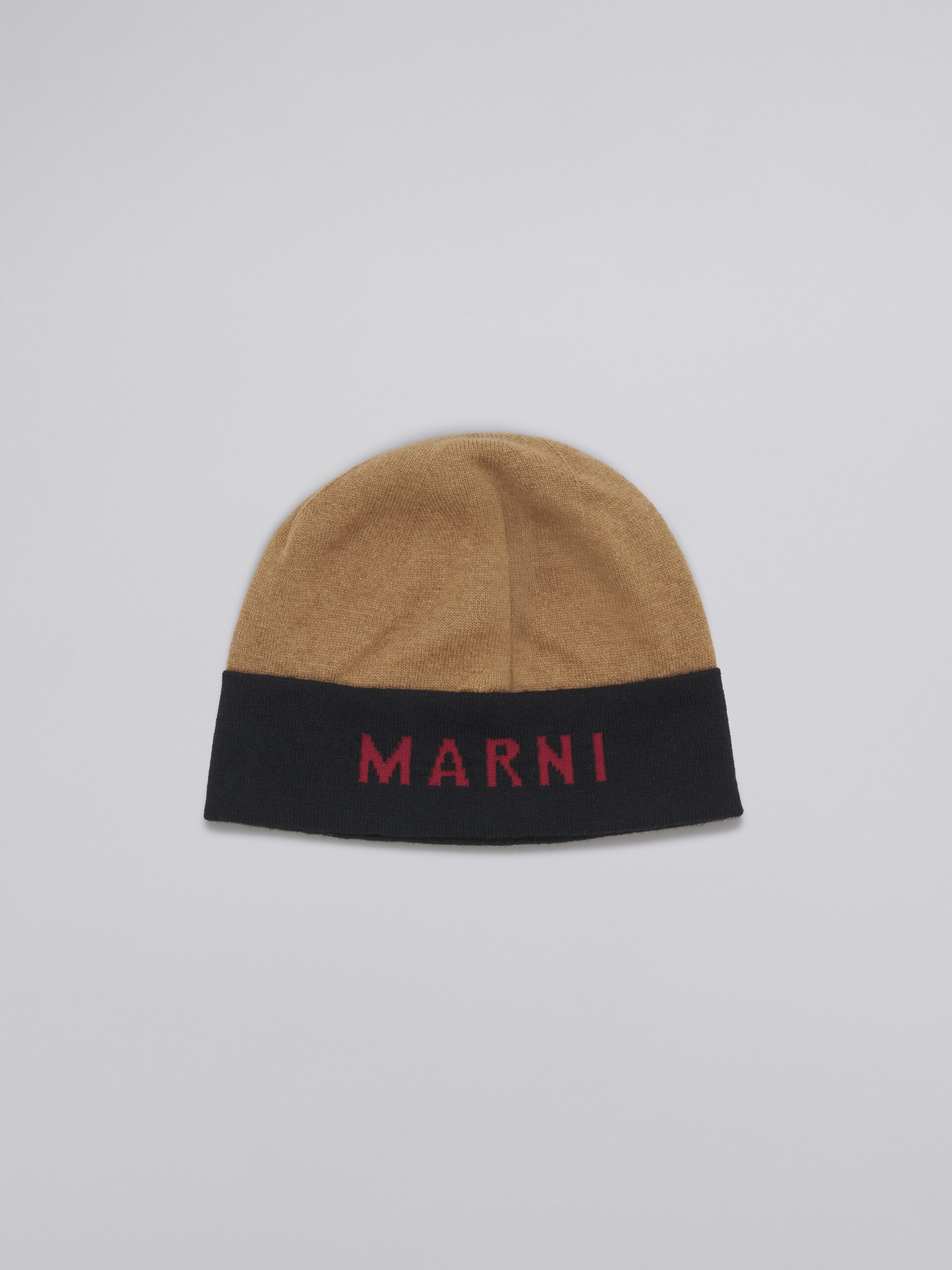 Berretto in lana vergine con logo jacquard marrone chiaro - Cappelli - Image 1