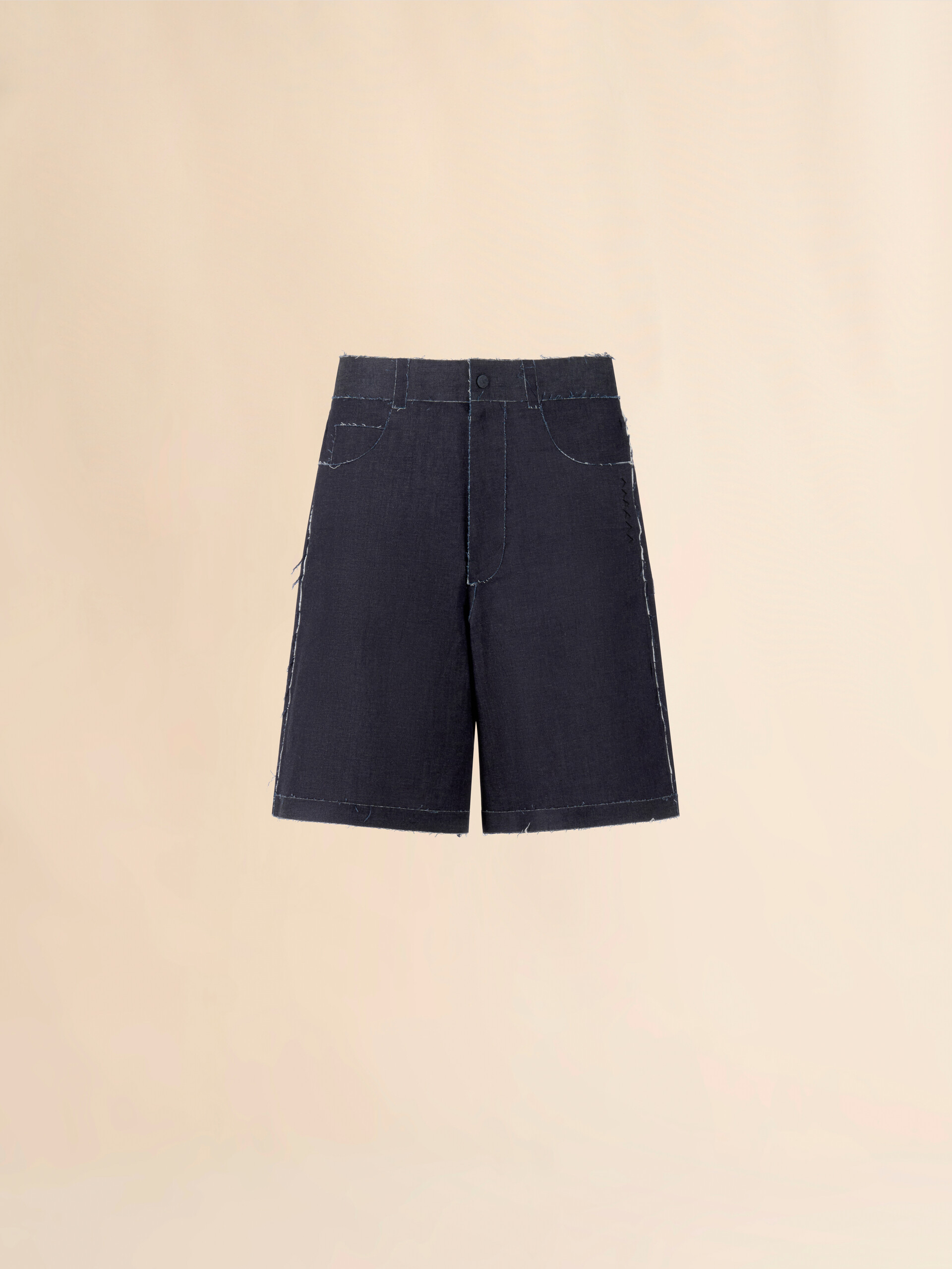 Deep blue stretch denim trompe l'oeil Bermuda shorts - Pants - Image 1