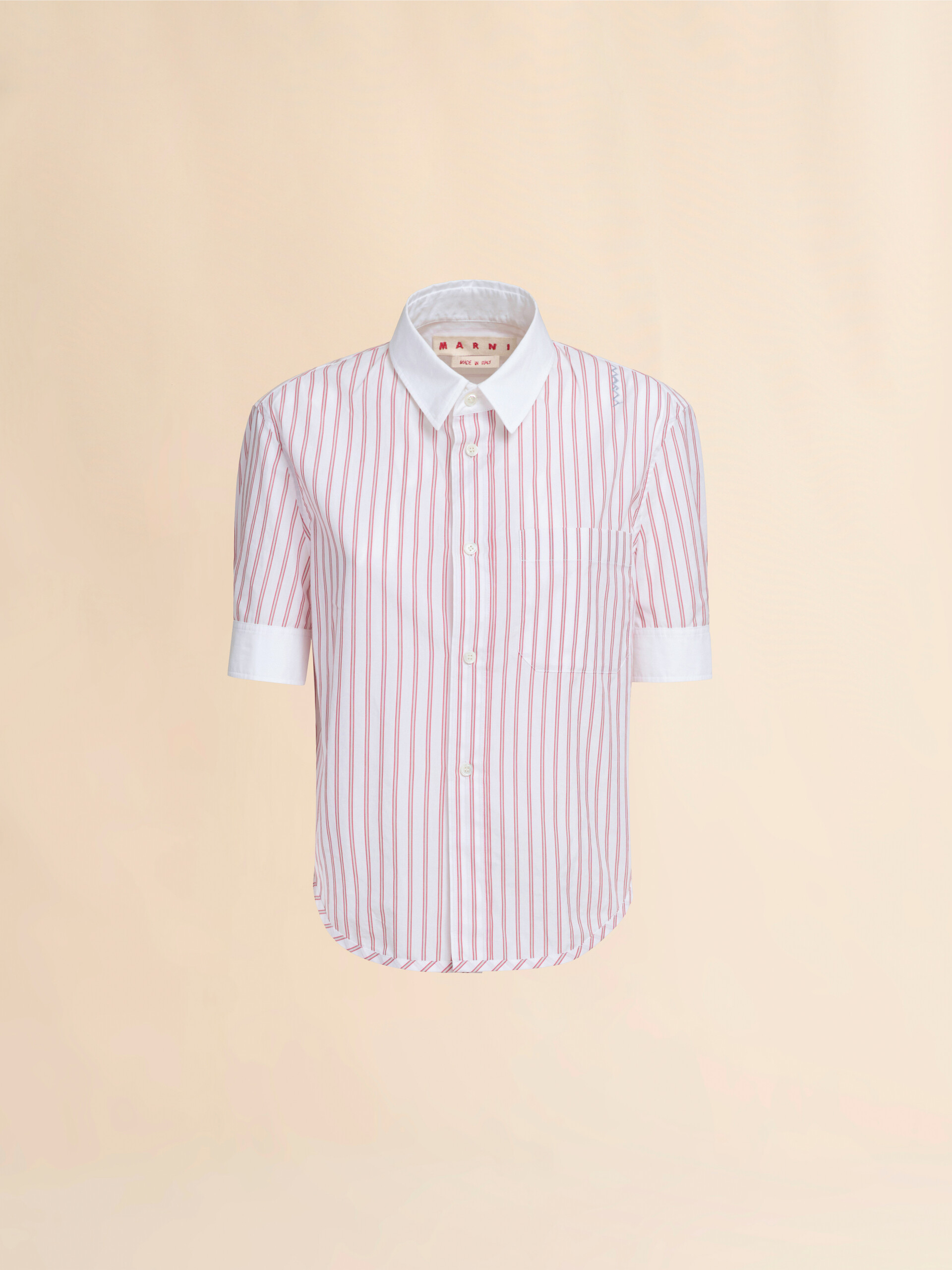 Short sleeved red and white striped cotton poplin shirt - Shirts - Image 1