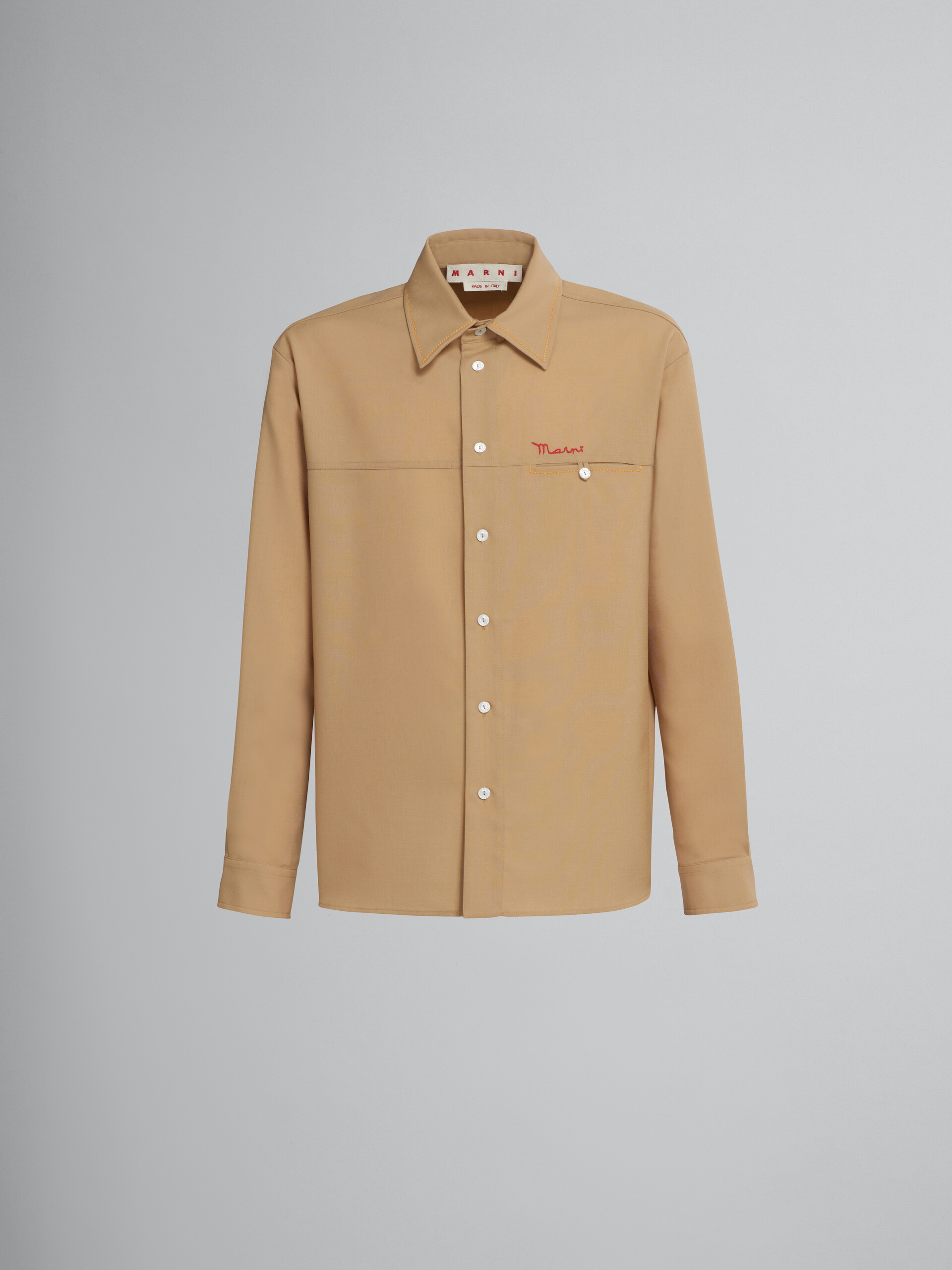 Beige tropical wool shirt with embroidered logo - Shirts - Image 1