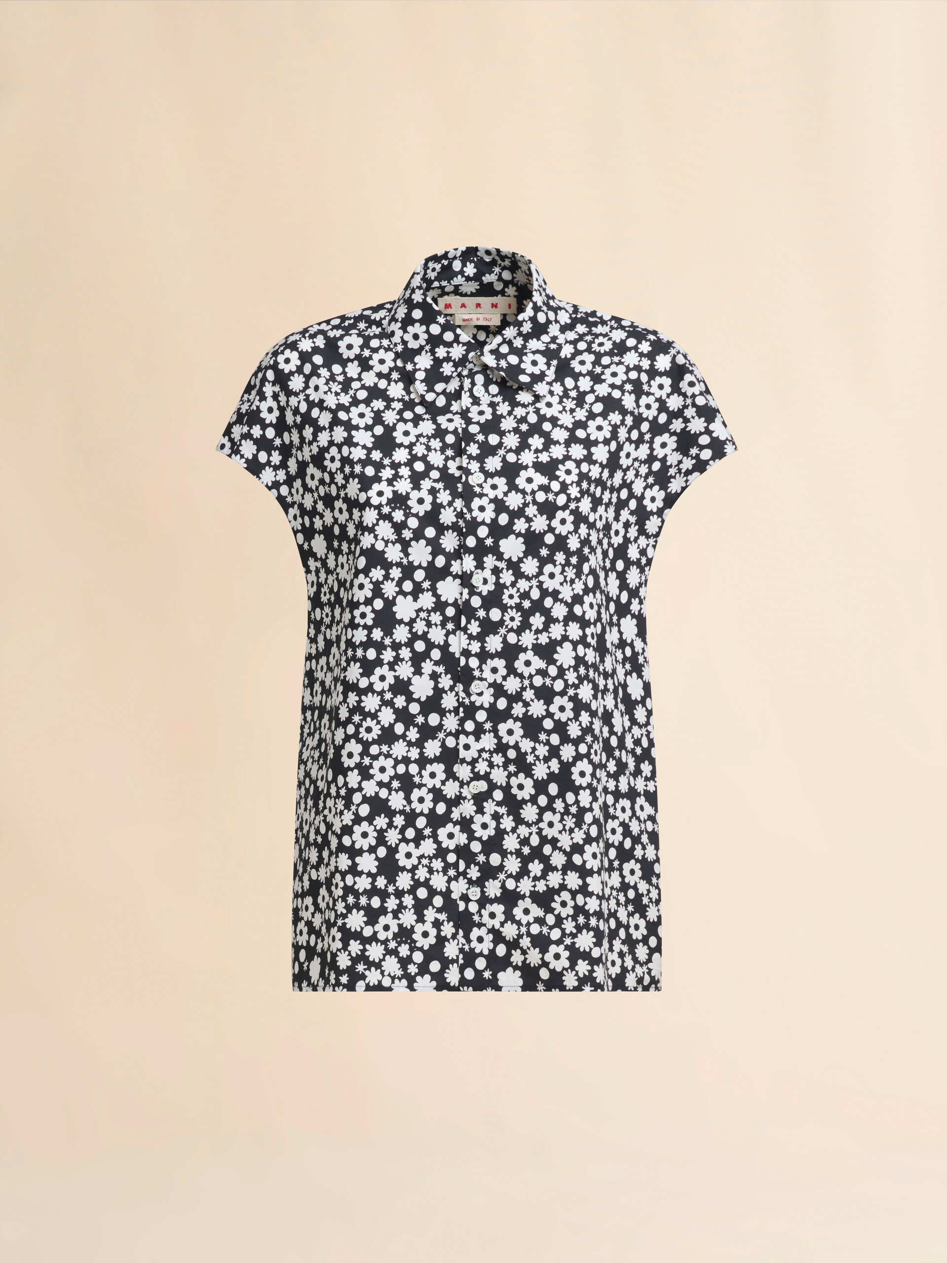 Black and white sleeveless cocoon shirt with Pop Fields motif - Shirts - Image 1