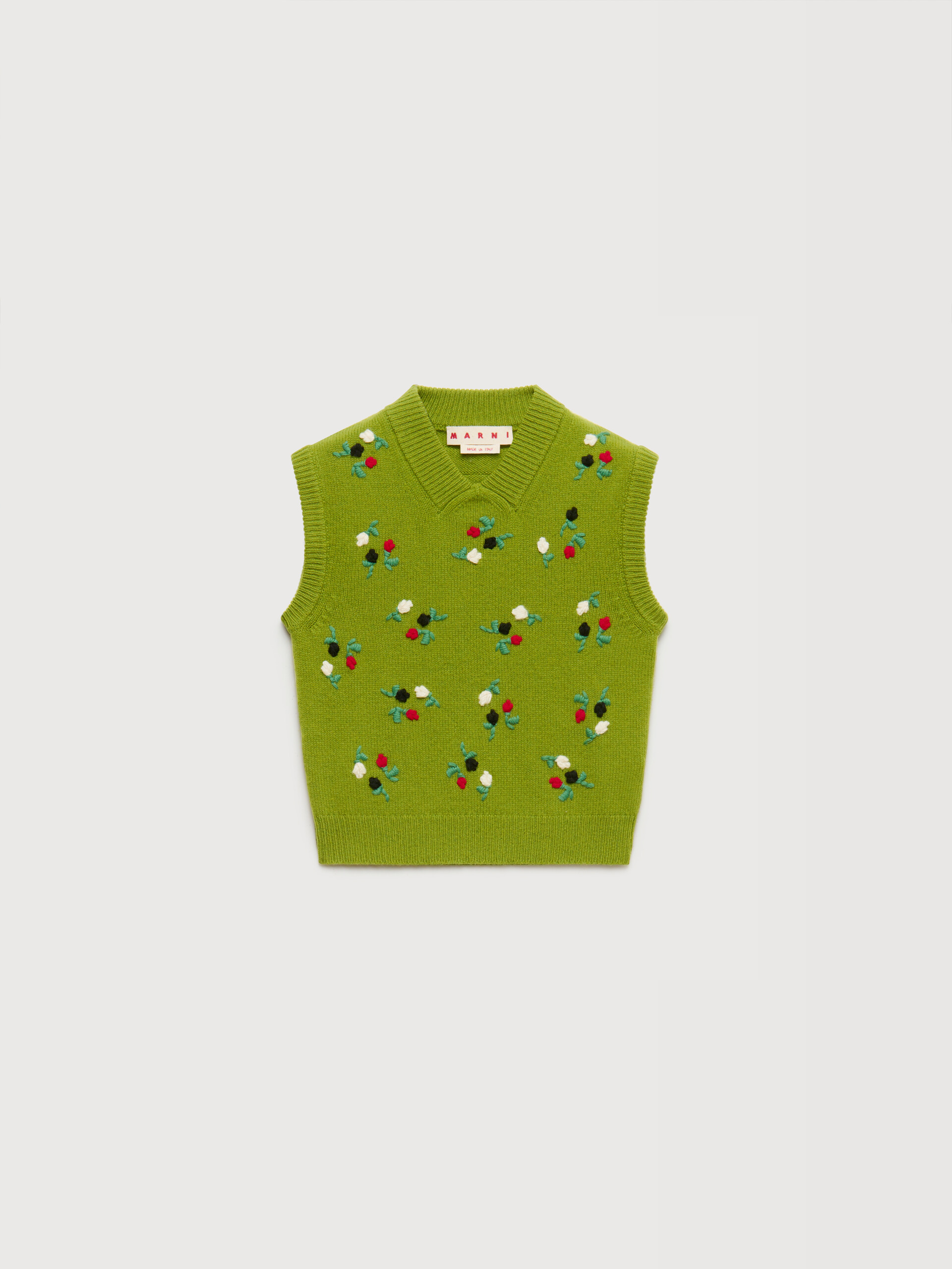 Green wool-cashmere vest with flower embroidery - Shirts - Image 1