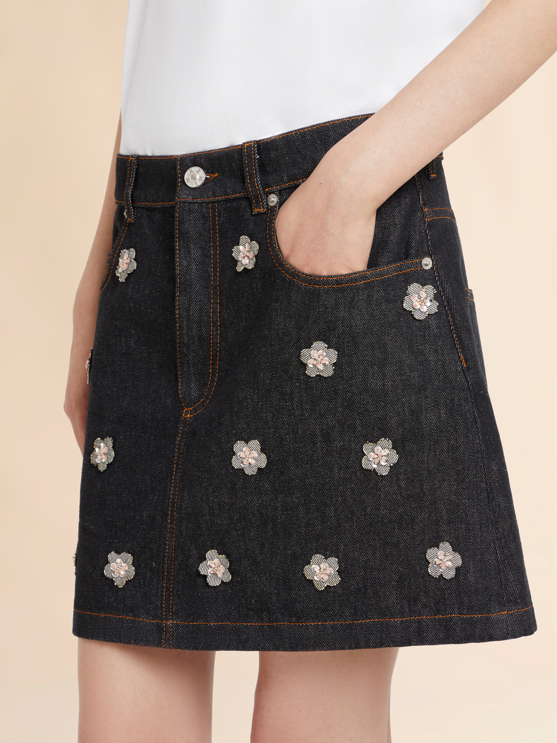 Black denim skirt with daisy appliqués - Skirts - Image 4