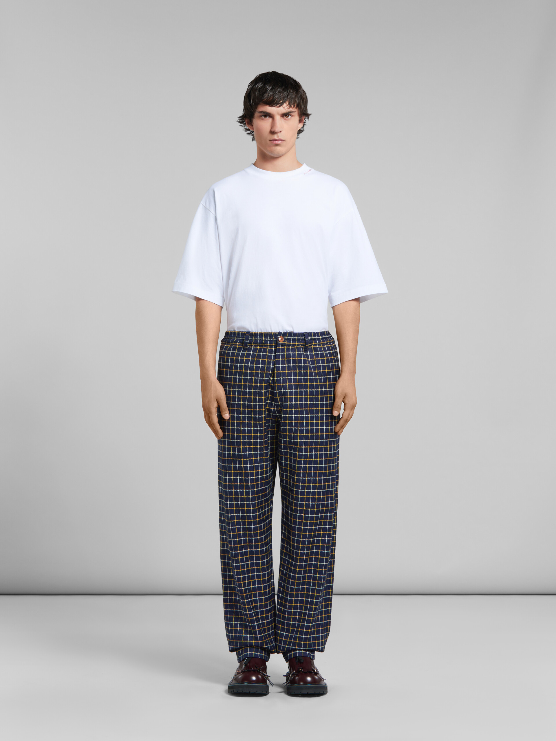 Blue checked wool and cotton track pants - Pants - Image 2