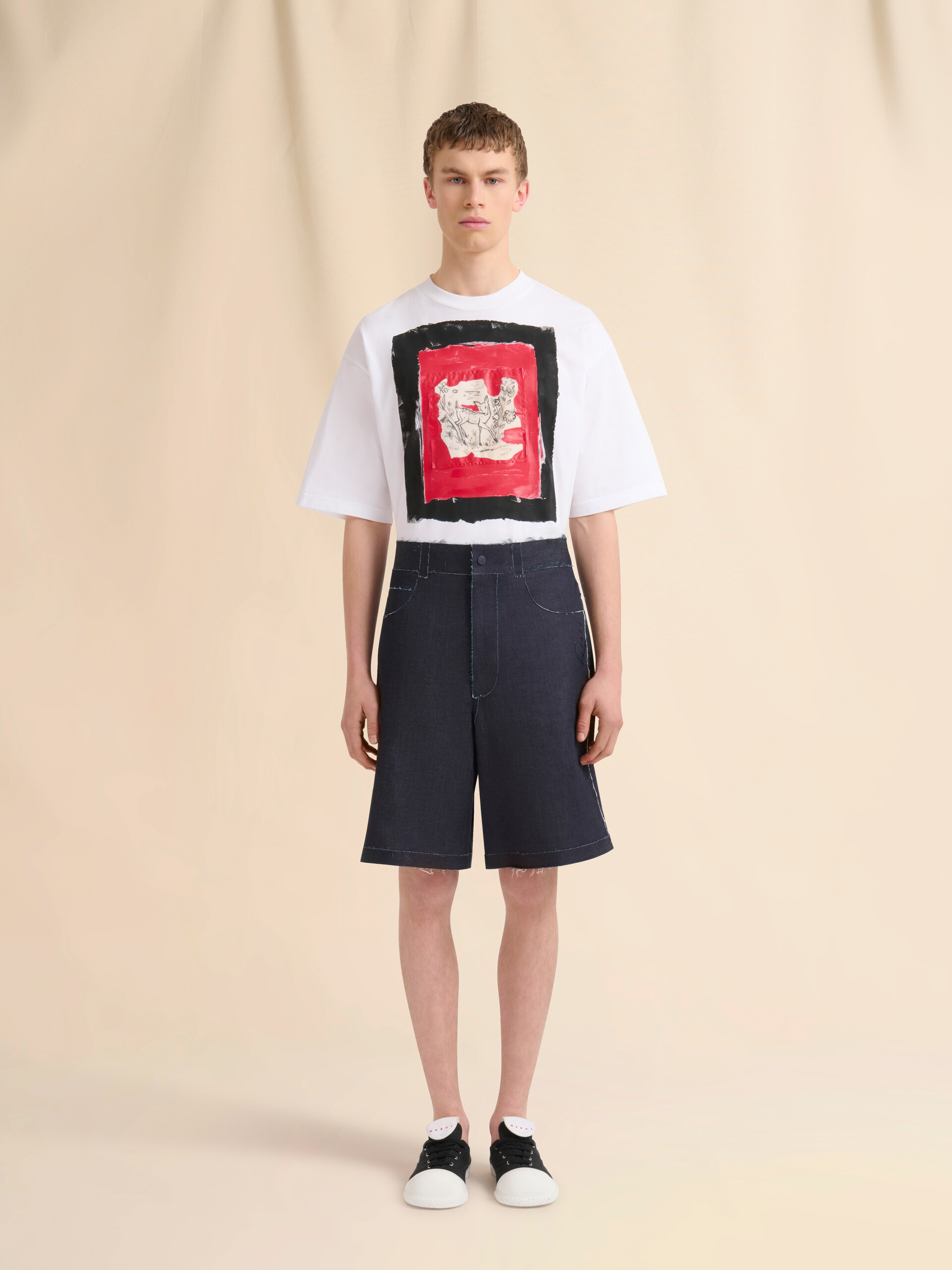 Deep blue stretch denim trompe l'oeil Bermuda shorts - Pants - Image 2