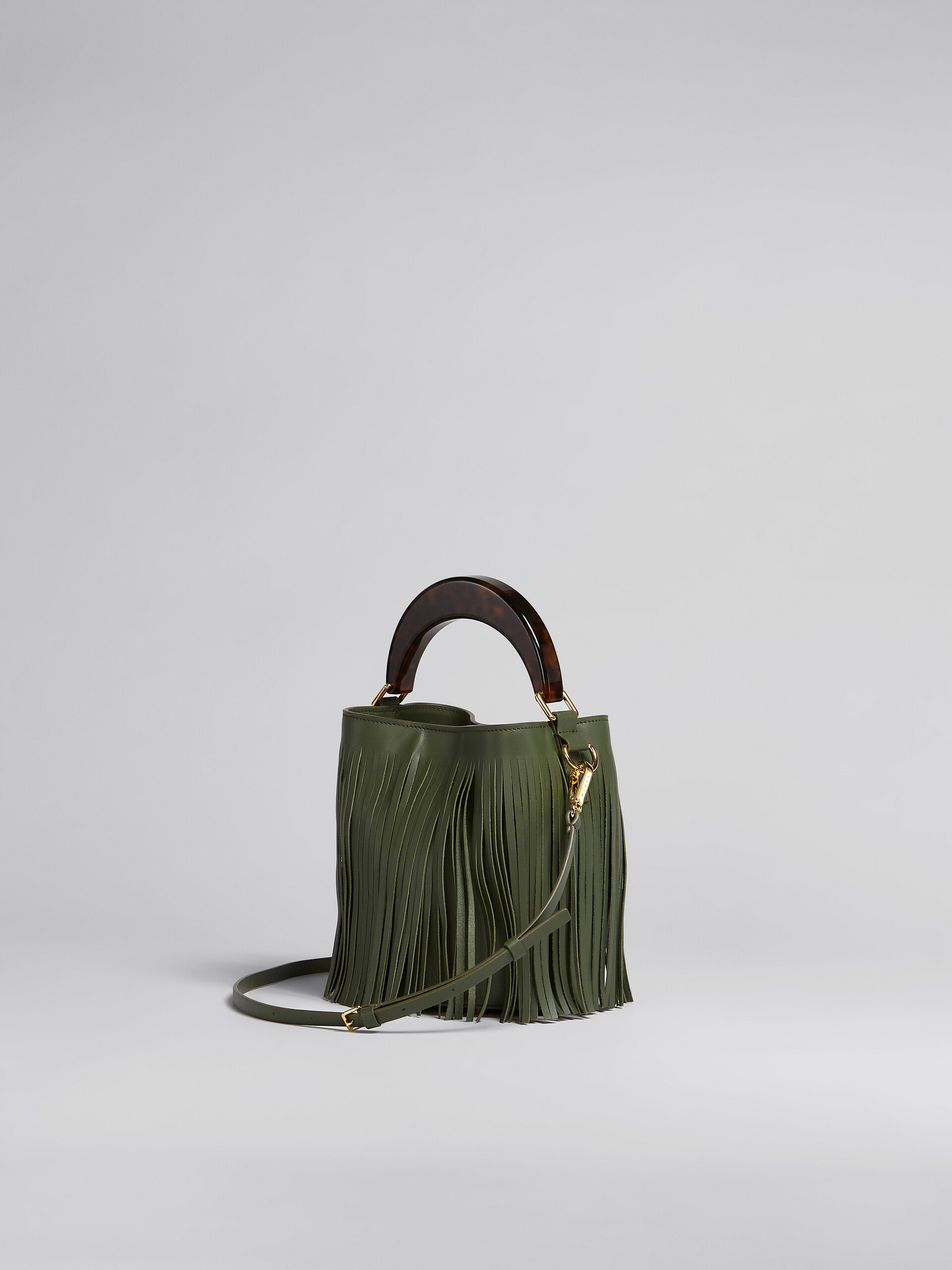 Venice Small Bucket in green leather with fringes - Shoulder Bags - Image 3