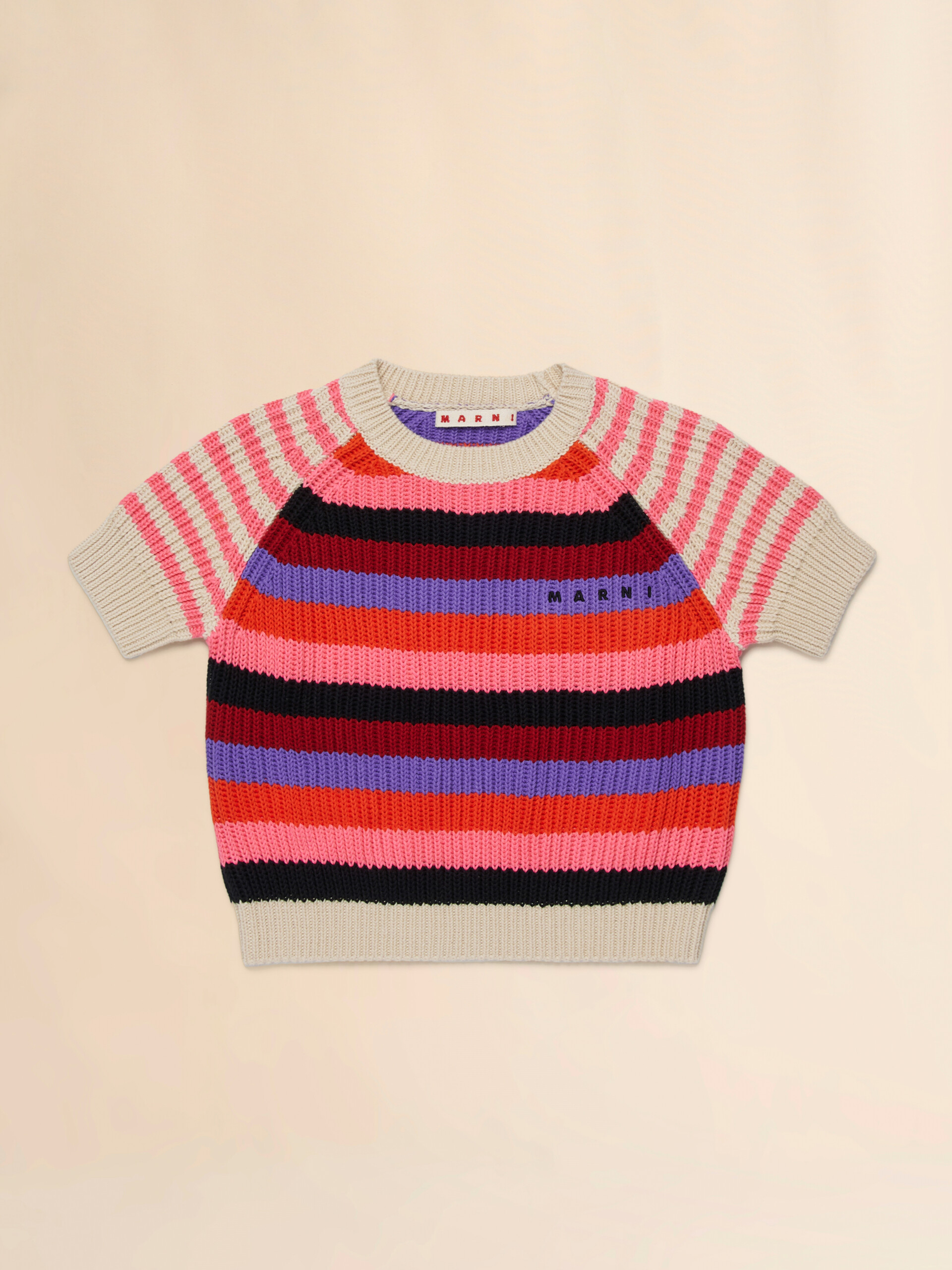 Maglia a maniche corte in cotone beige a righe - Maglieria - Image 1