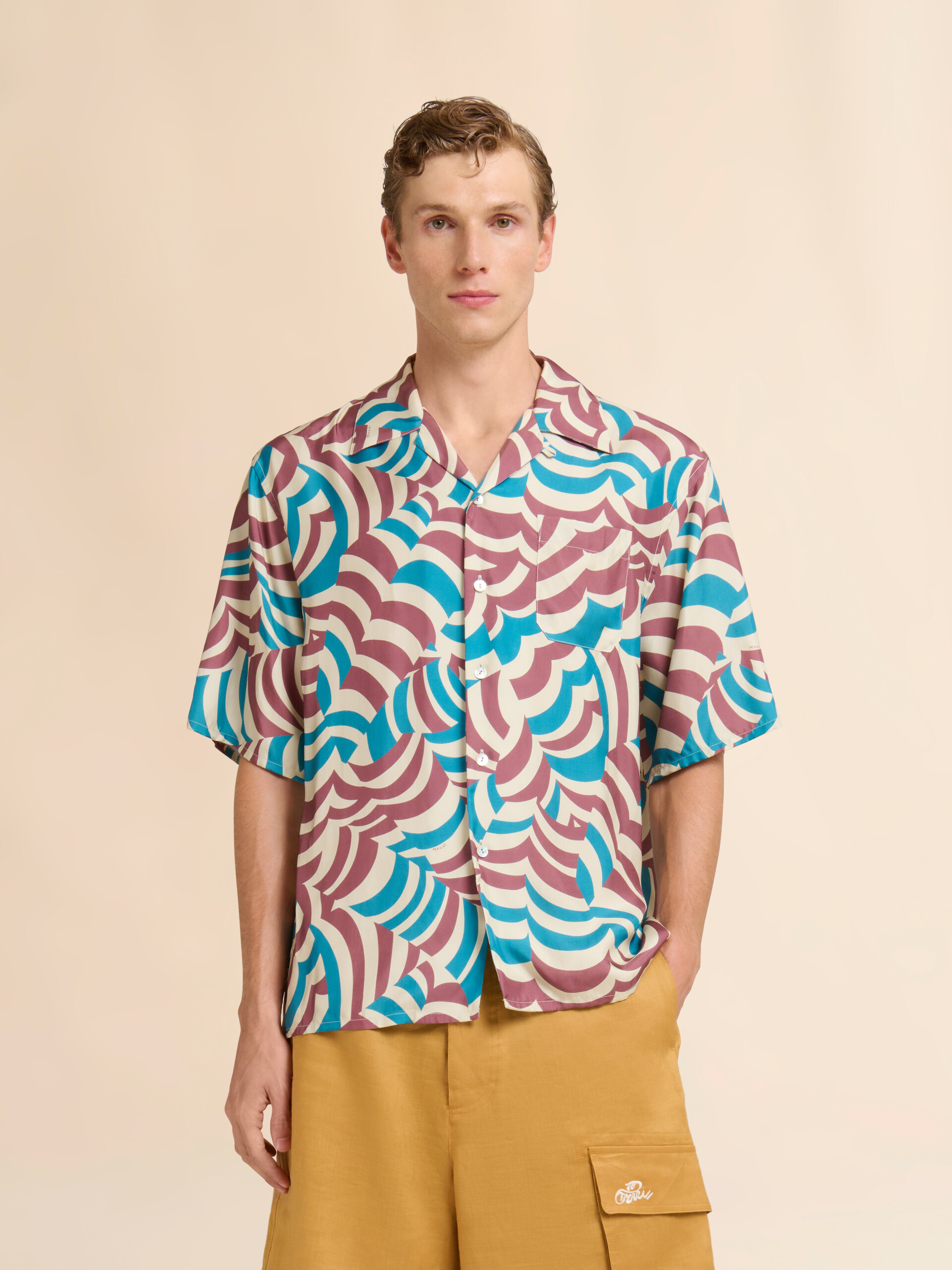 Brown and turquoise twill bowling shirt with Yoyo print - Shirts - Image 2