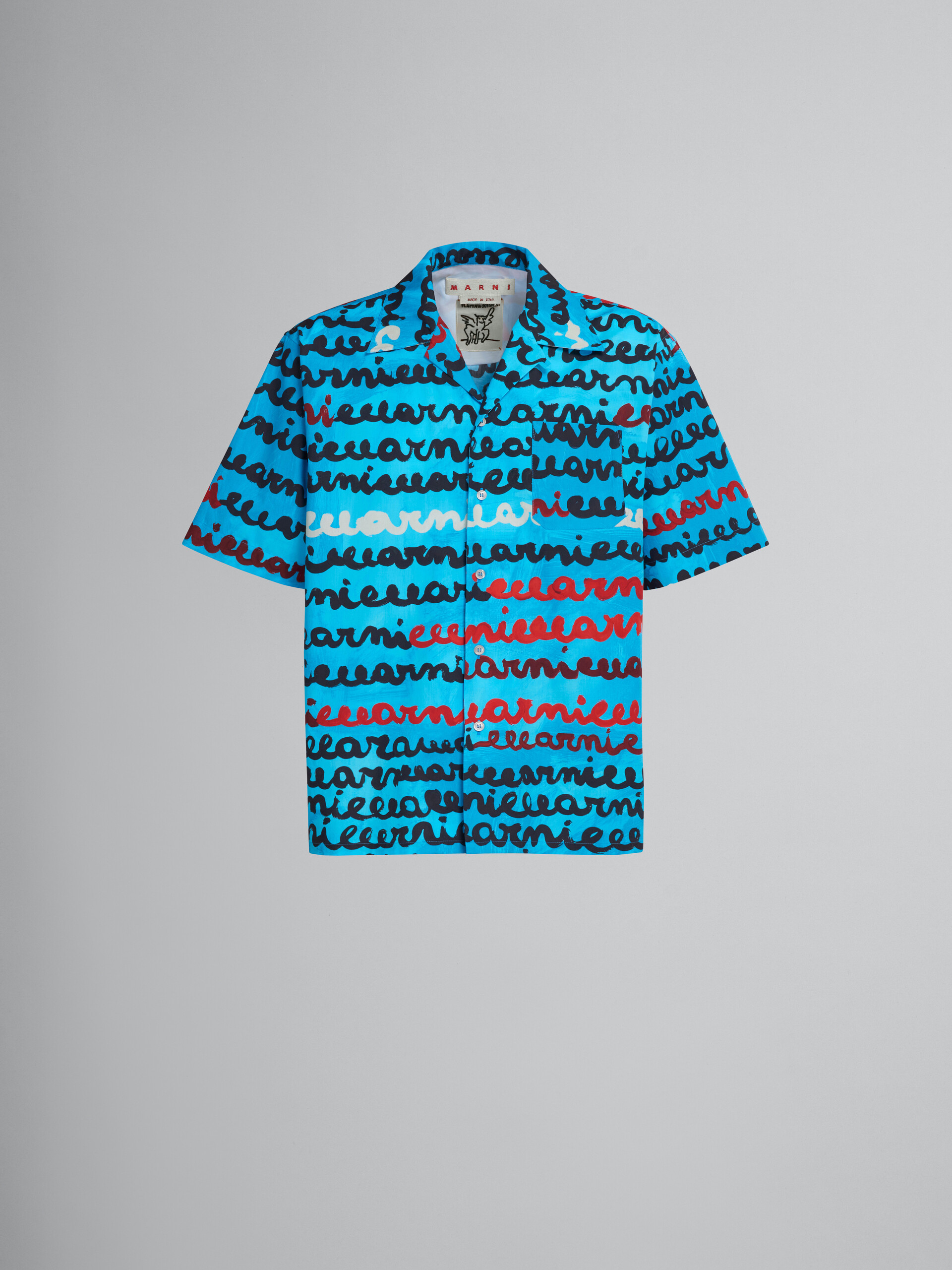 Turquoise cotton bowling shirt with Maremarni print - Shirts - Image 1