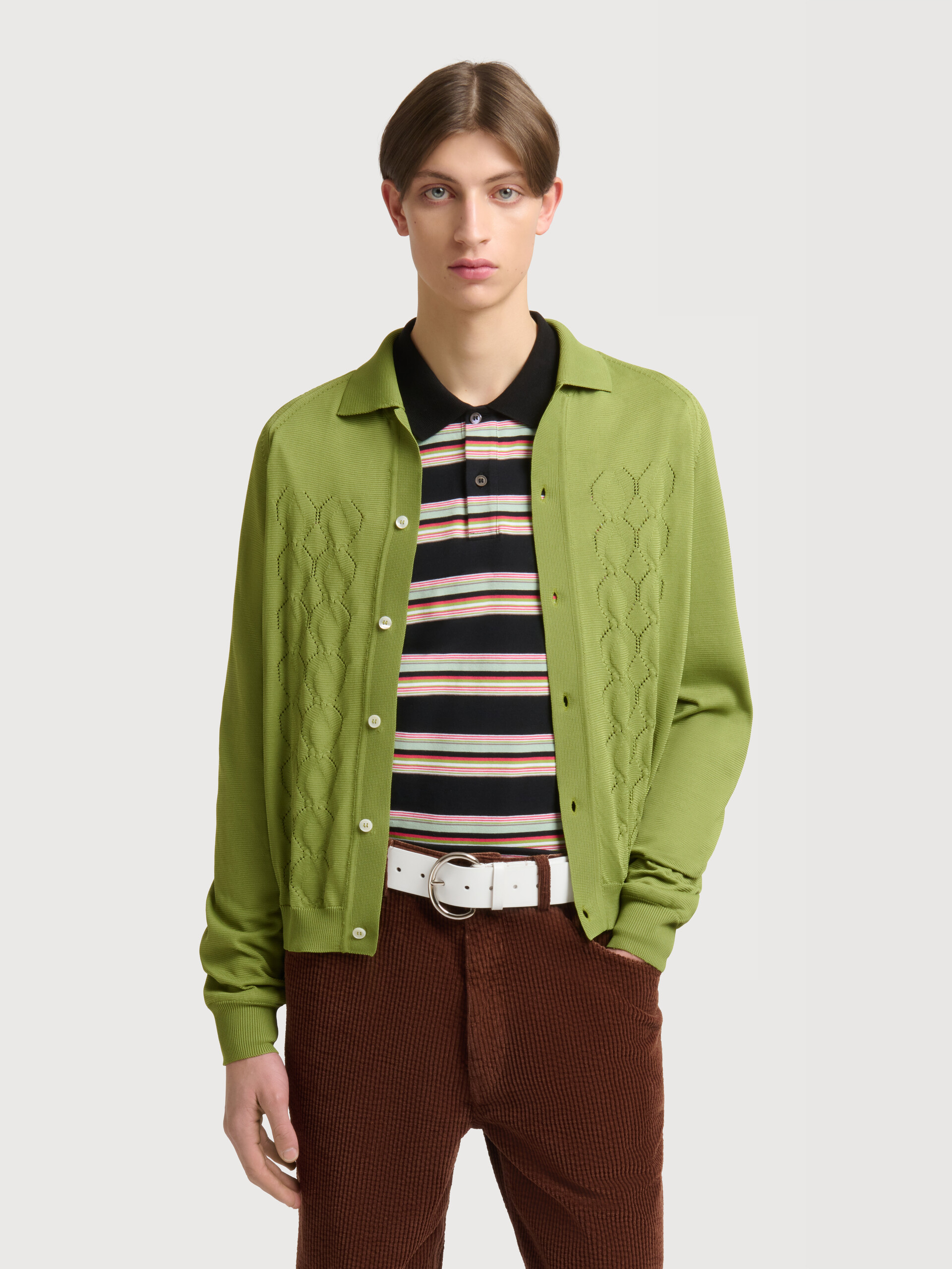 Green techno knit cardigan with polo collar - Pullovers - Image 2