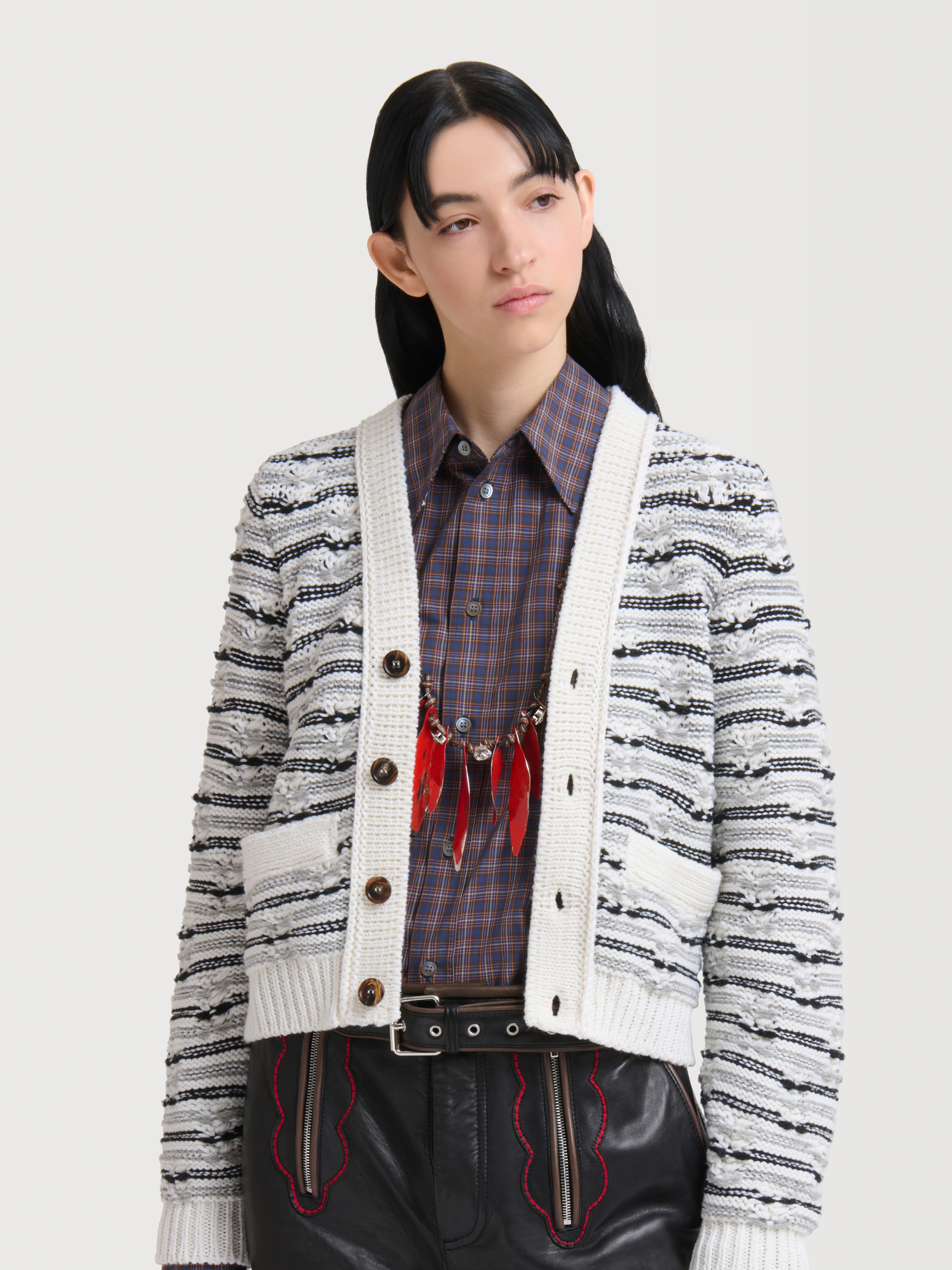 White and blue mixed stitch wool cardigan - Pullovers - Image 2