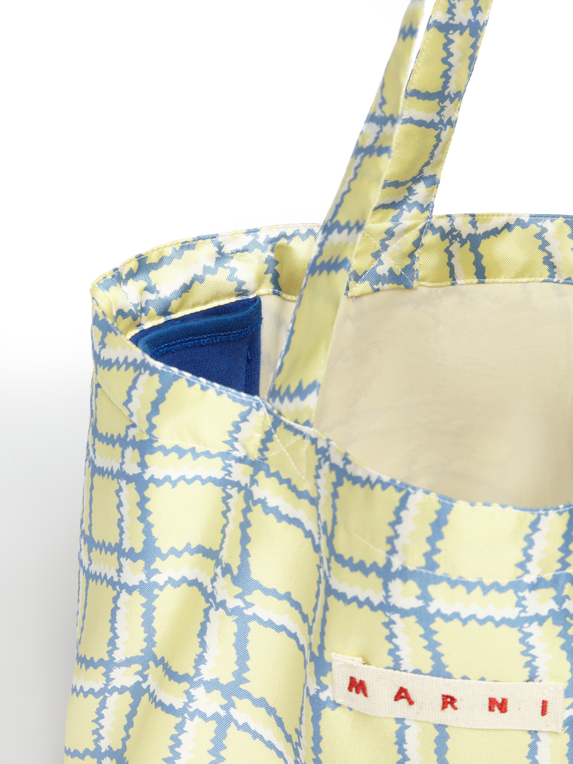 Yellow silk tote bag with archival check print - Shopping Bags - Image 4