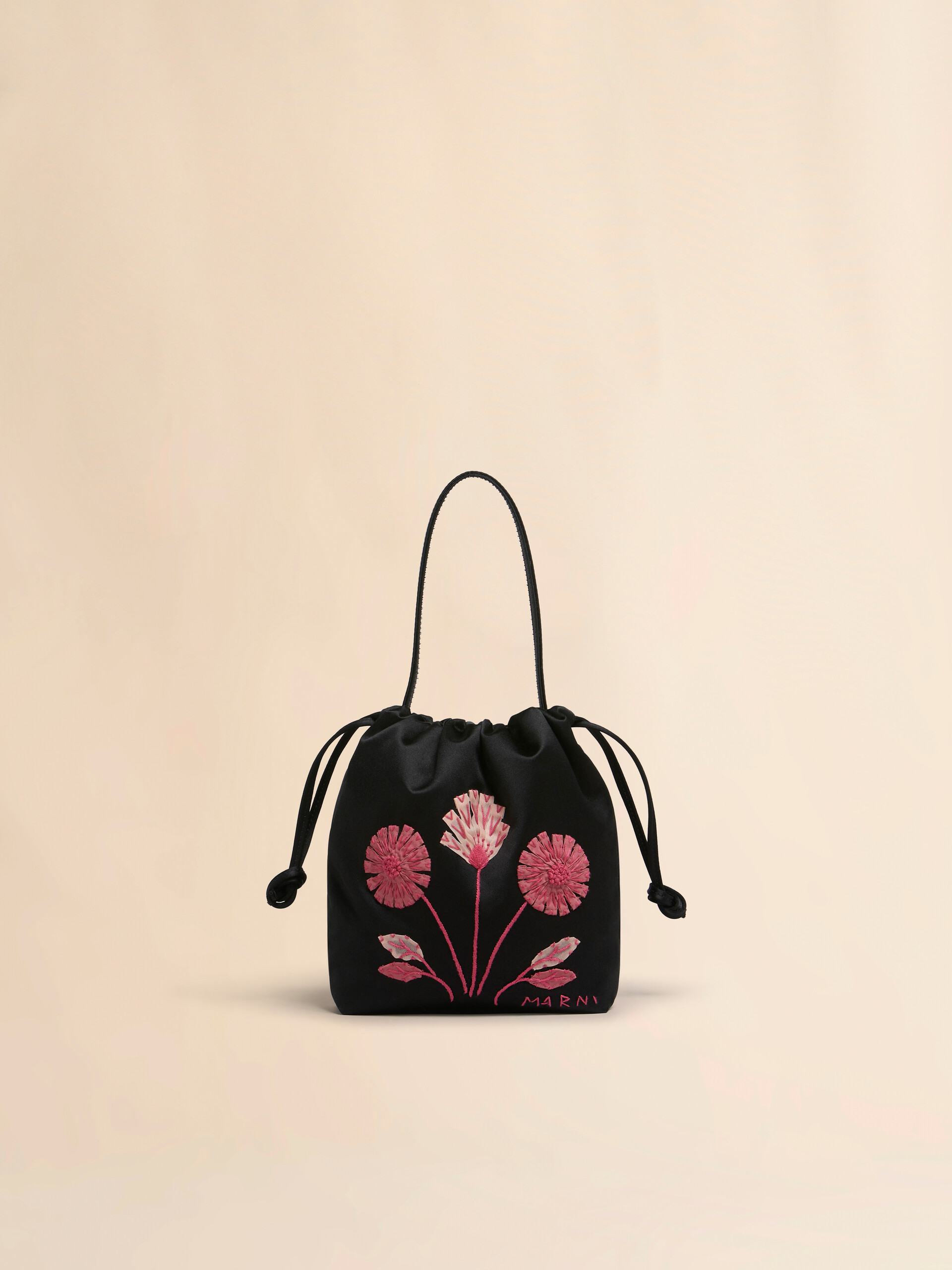 Black satin Scrunchie small drawstring bag - Handbags - Image 1