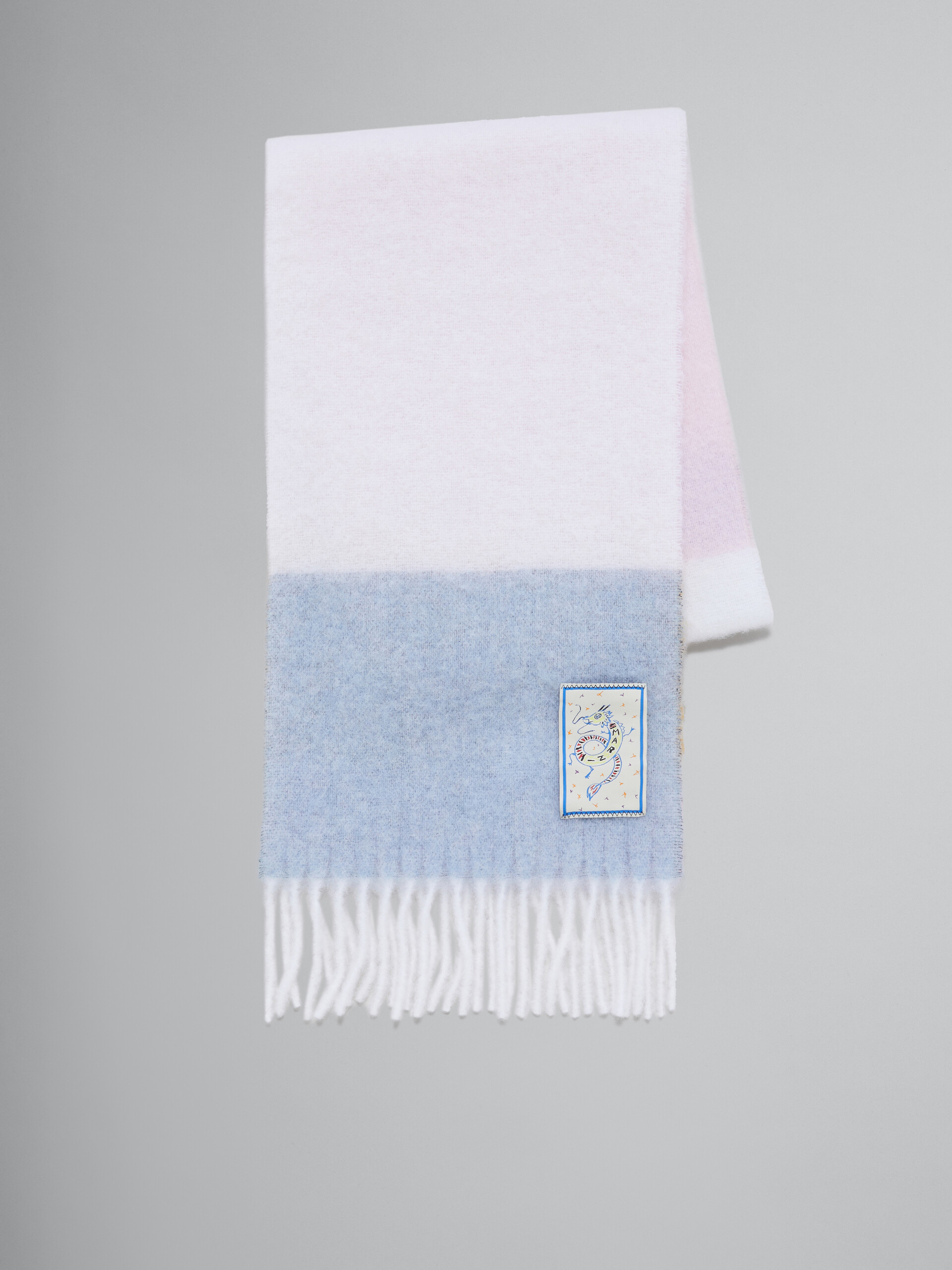 White blue and pink alpaca scarf with dragon patch - Scarves - Image 1