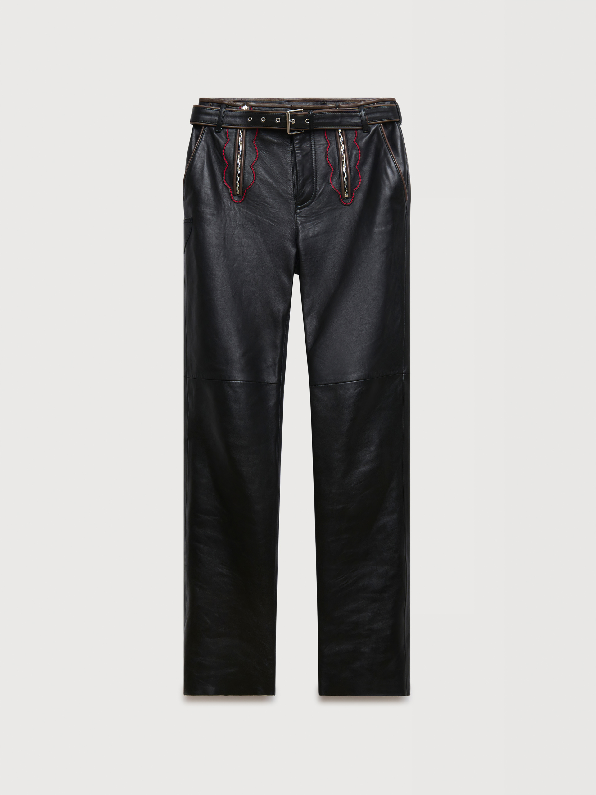 Black leather trousers with leaf embroidery - Pants - Image 1