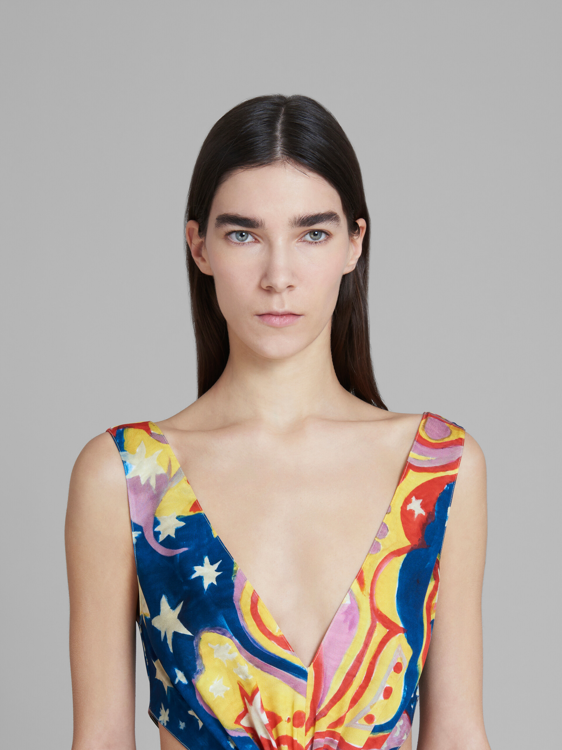 Marni x No Vacancy Inn - Multicolor satin cut-out midi dress with Galactic Paradise print - Dresses - Image 4