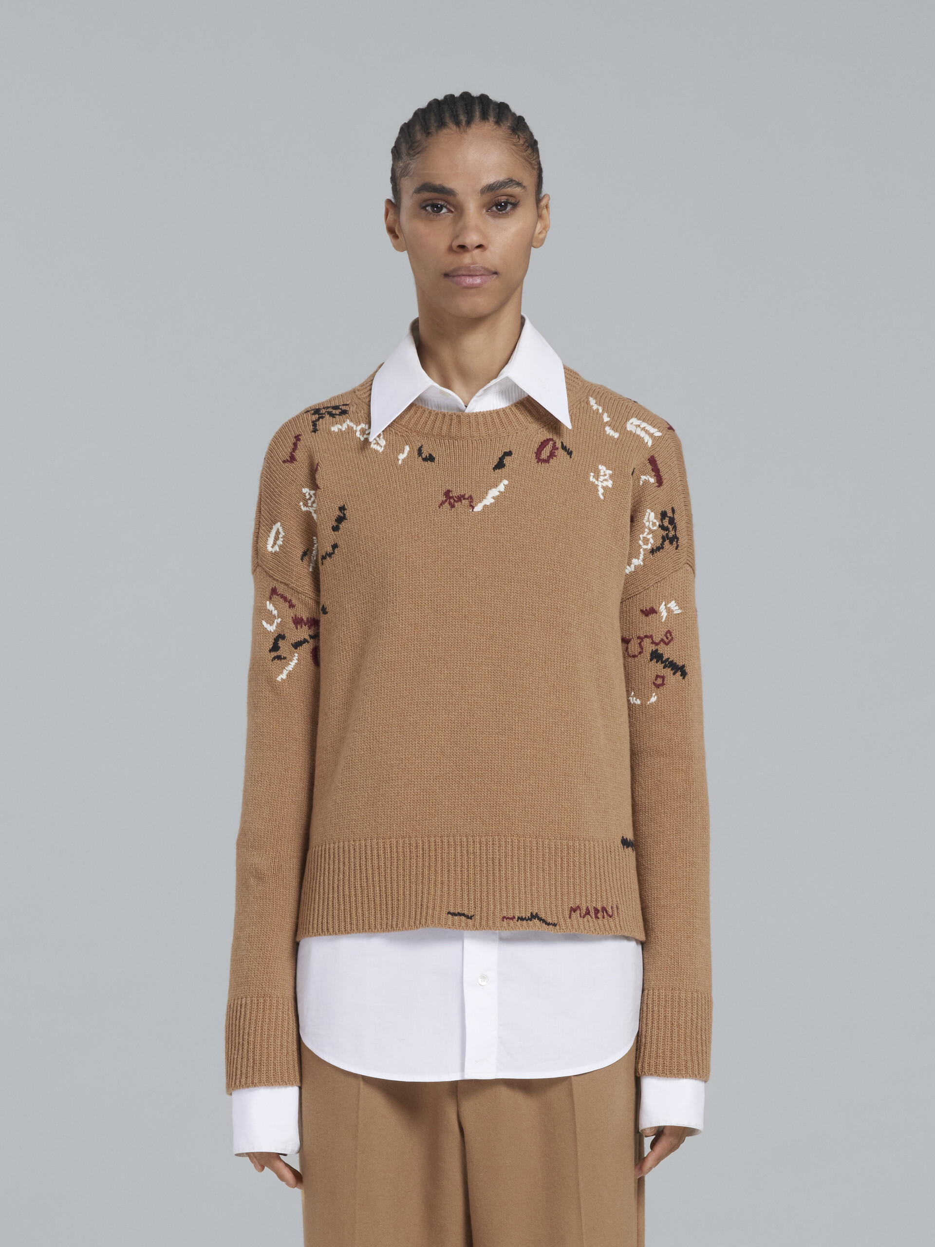 Beige wool sweater with raw-edge detailing - Pullovers - Image 2
