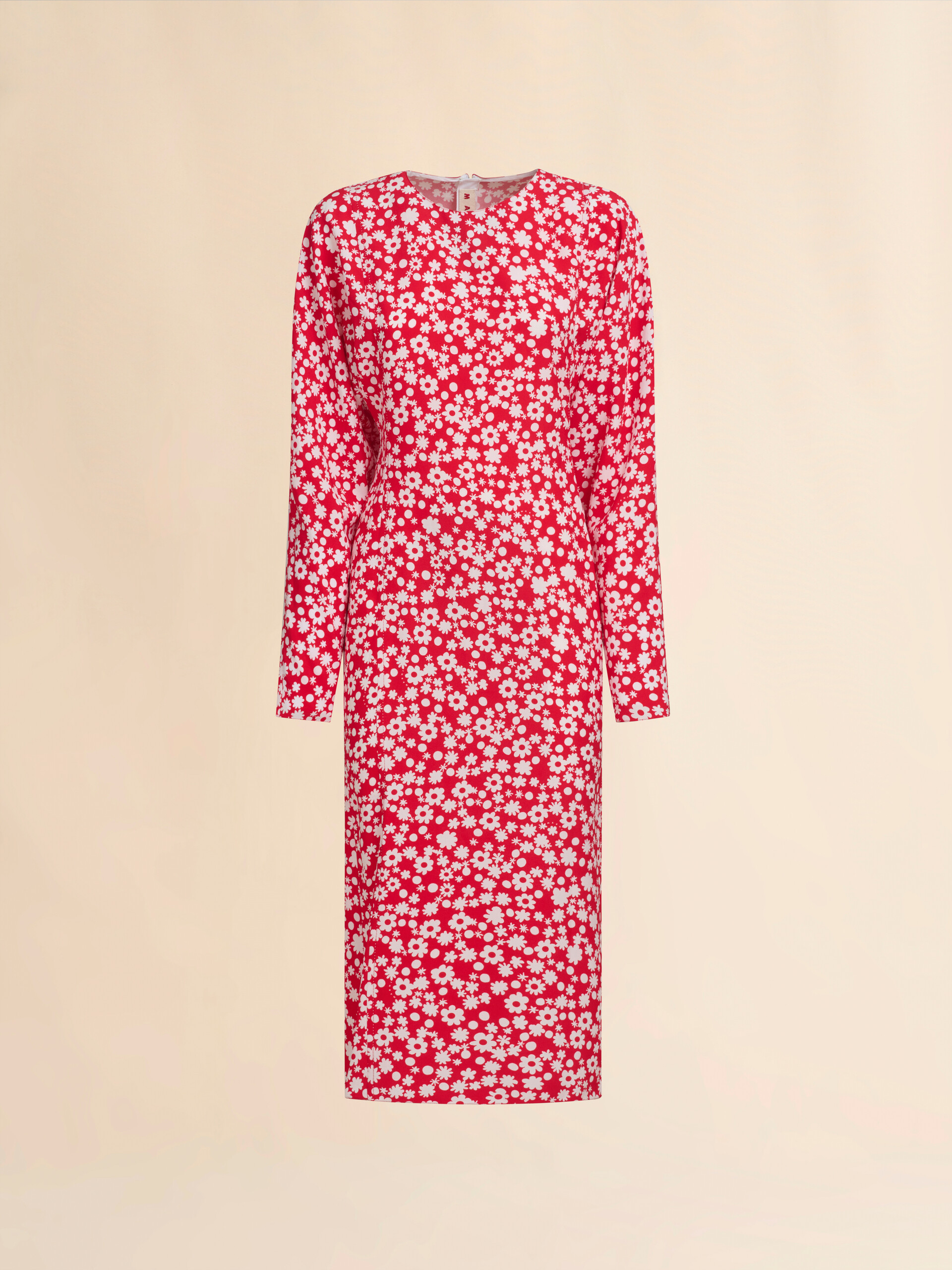 Satin midi dress with red and white Pop Fields motif - Dresses - Image 1