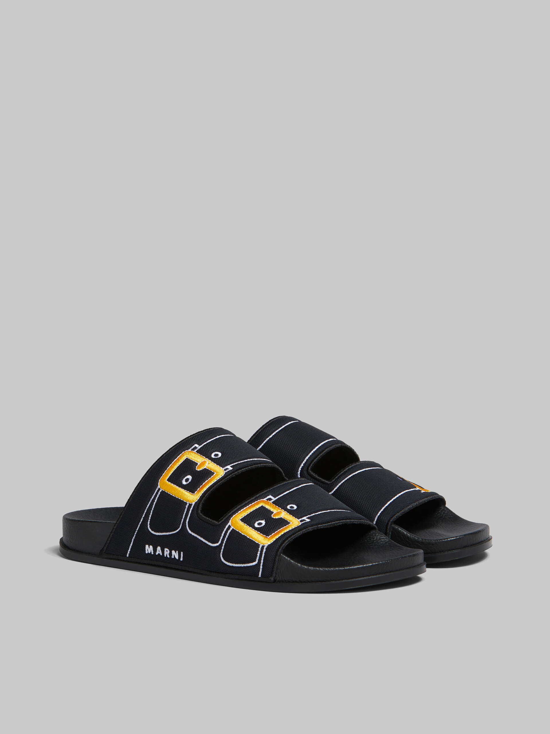 Blue trompe l'oeil slider with embroidered buckles - Sandals - Image 2