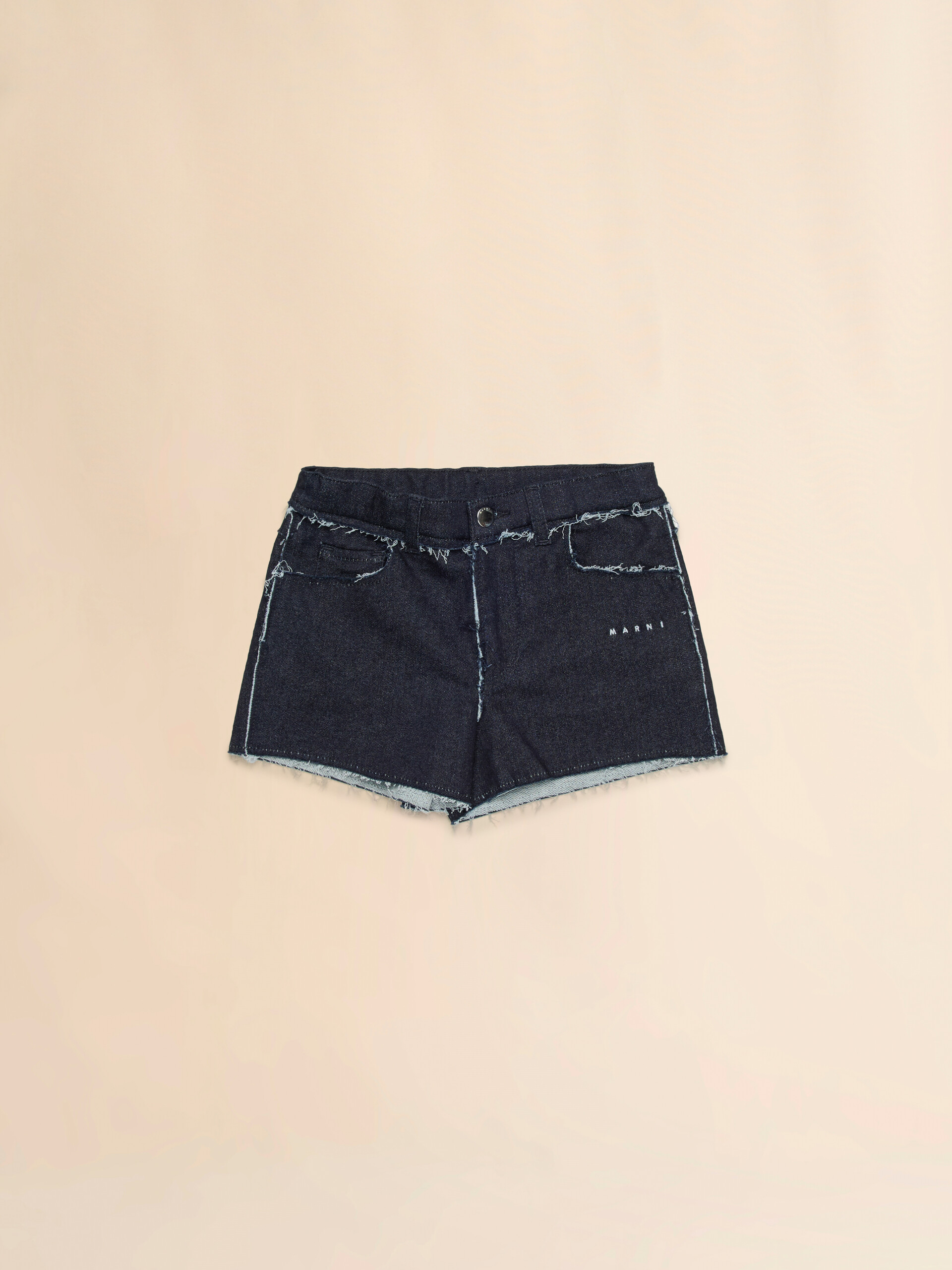 Deep blue stretch denim shorts with raw-cut edges - Pants - Image 1