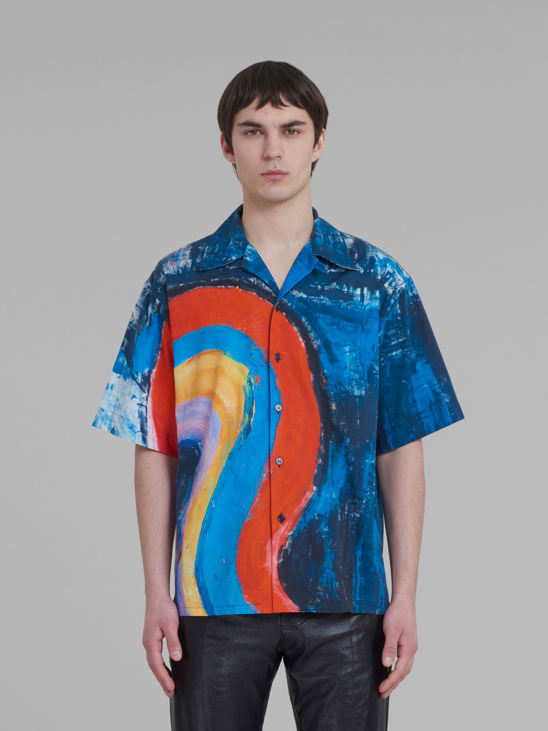Blue cotton bowling shirt with Rainbow print - Shirts - Image 2