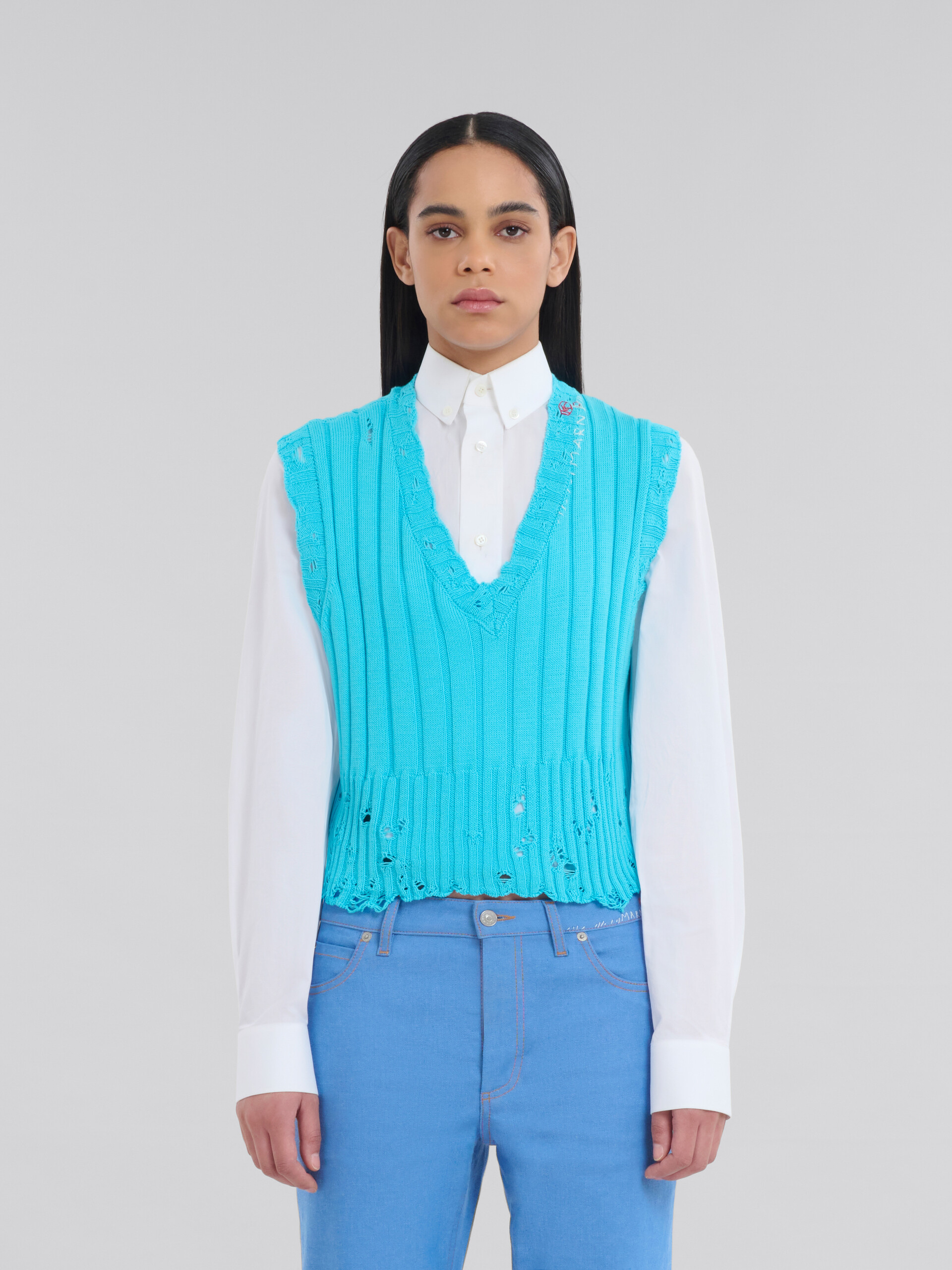 Blue dishevelled ribbed cotton vest - Pullovers - Image 2