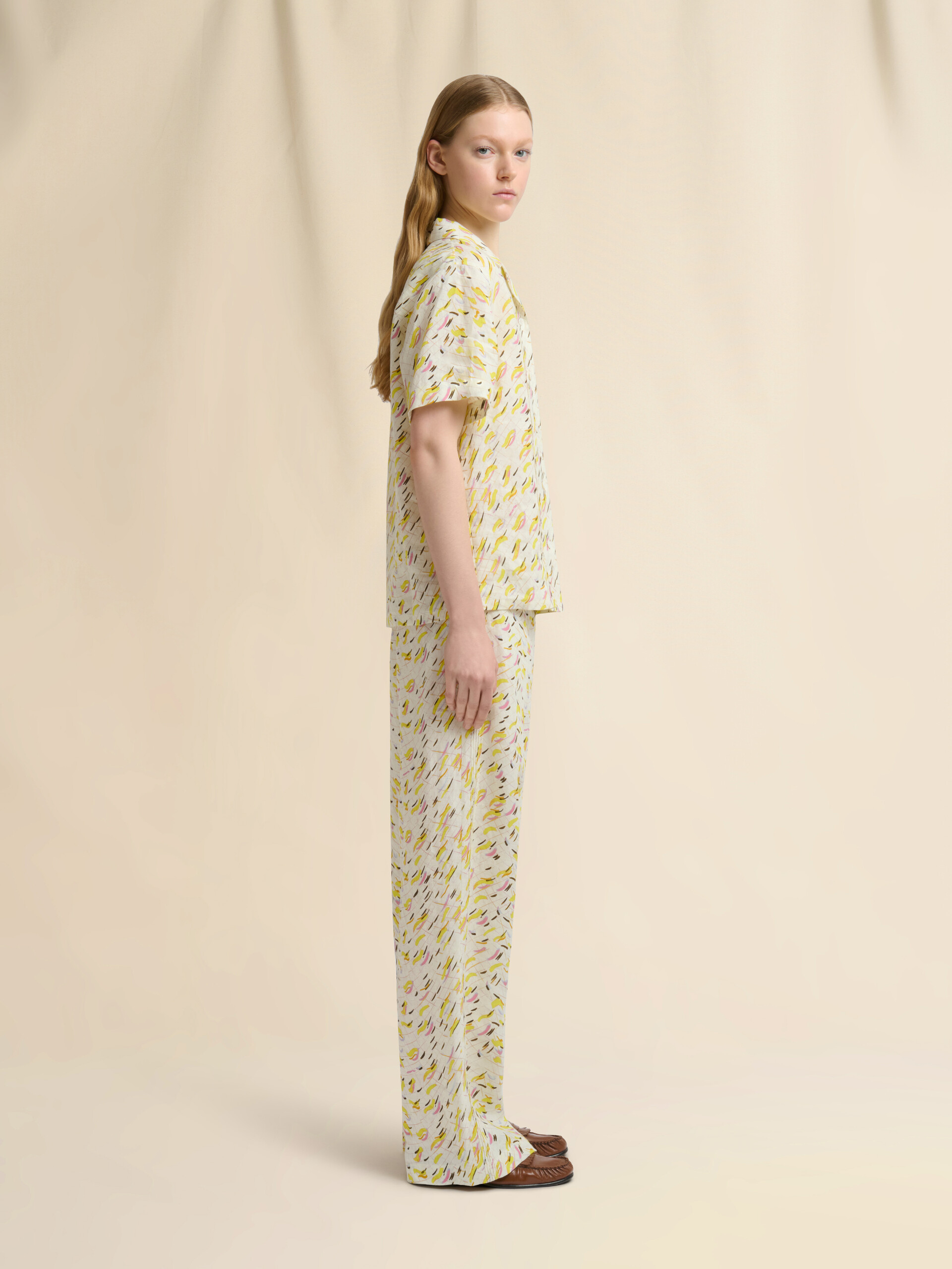 Yellow linen trousers with Brushstroke Wave print - Pants - Image 5