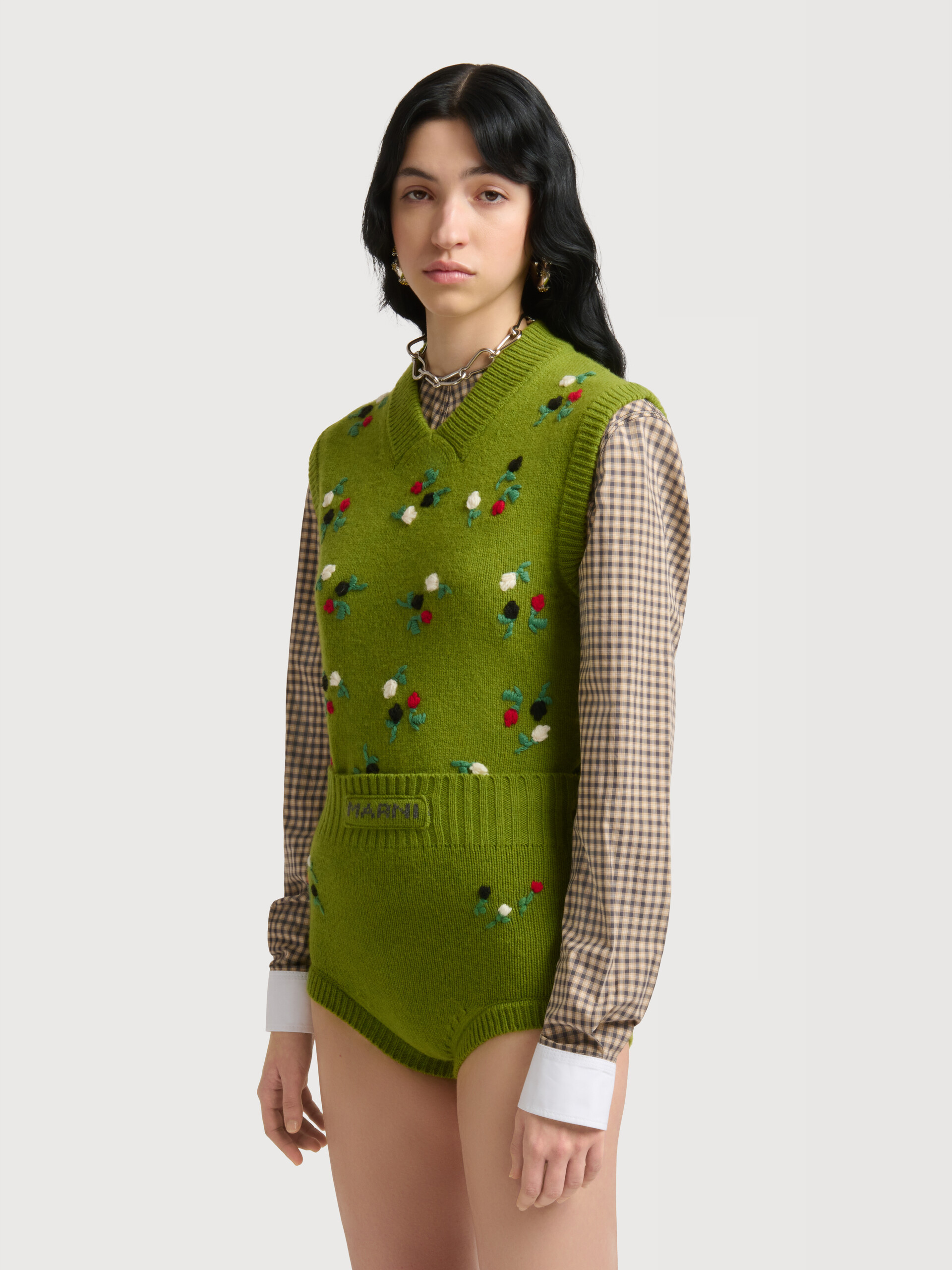 Green wool-cashmere vest with flower embroidery - Shirts - Image 3