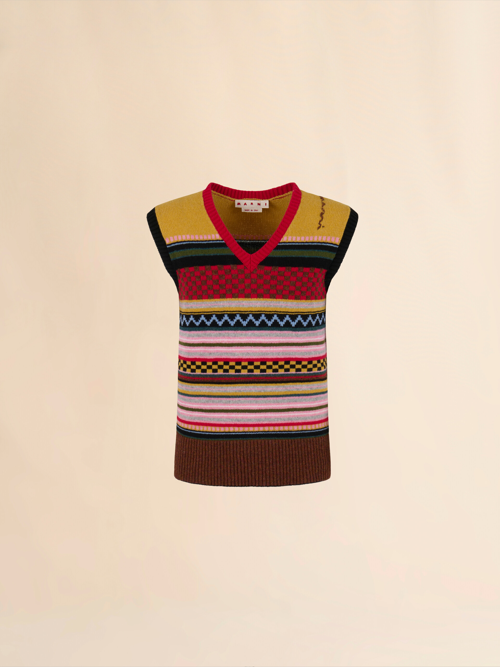 Multicolour wool sleeveless jumper with mixed patterns - Pullovers - Image 1