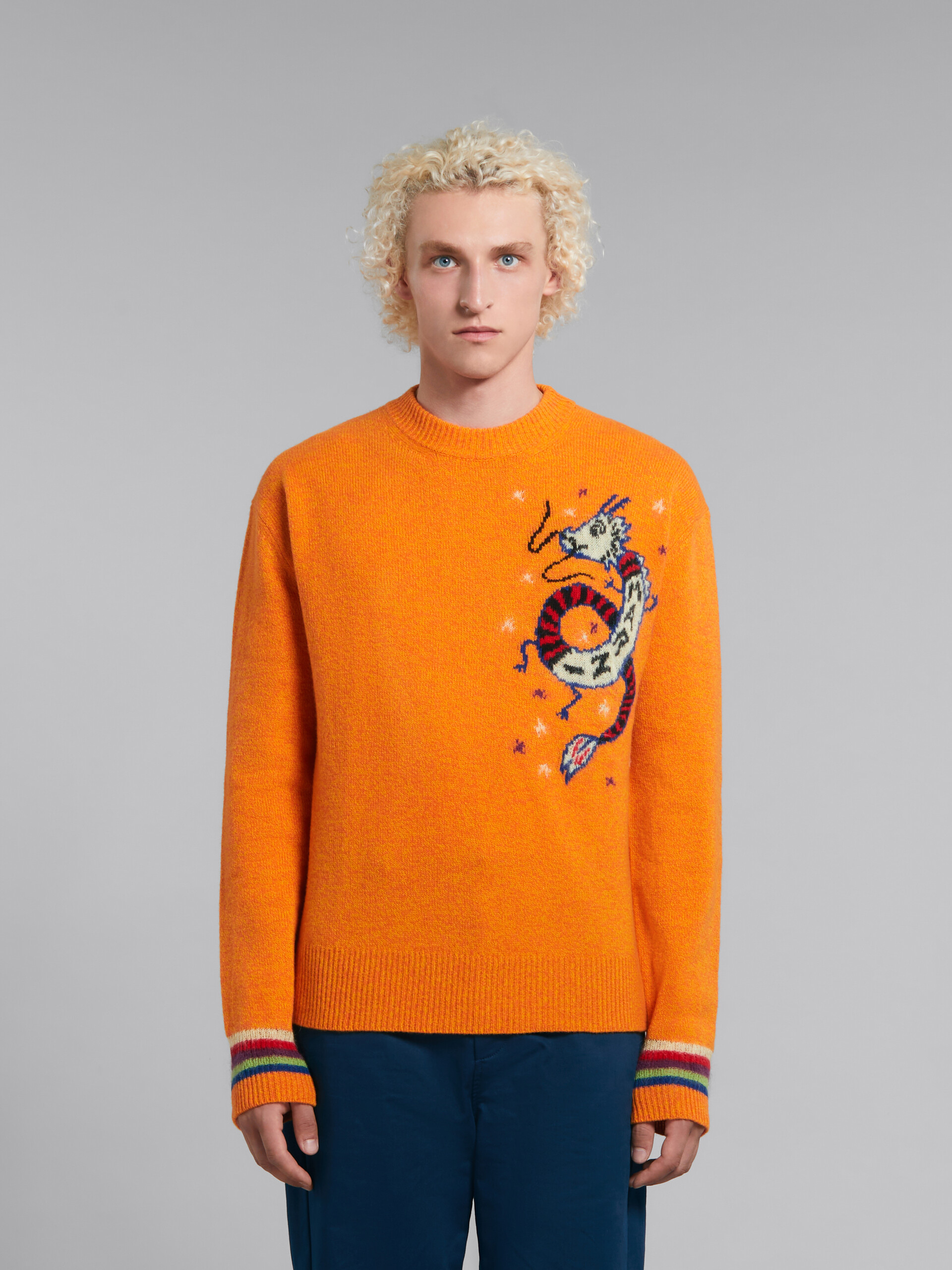 Orange wool jumper with jacquard dragon - Pullovers - Image 2